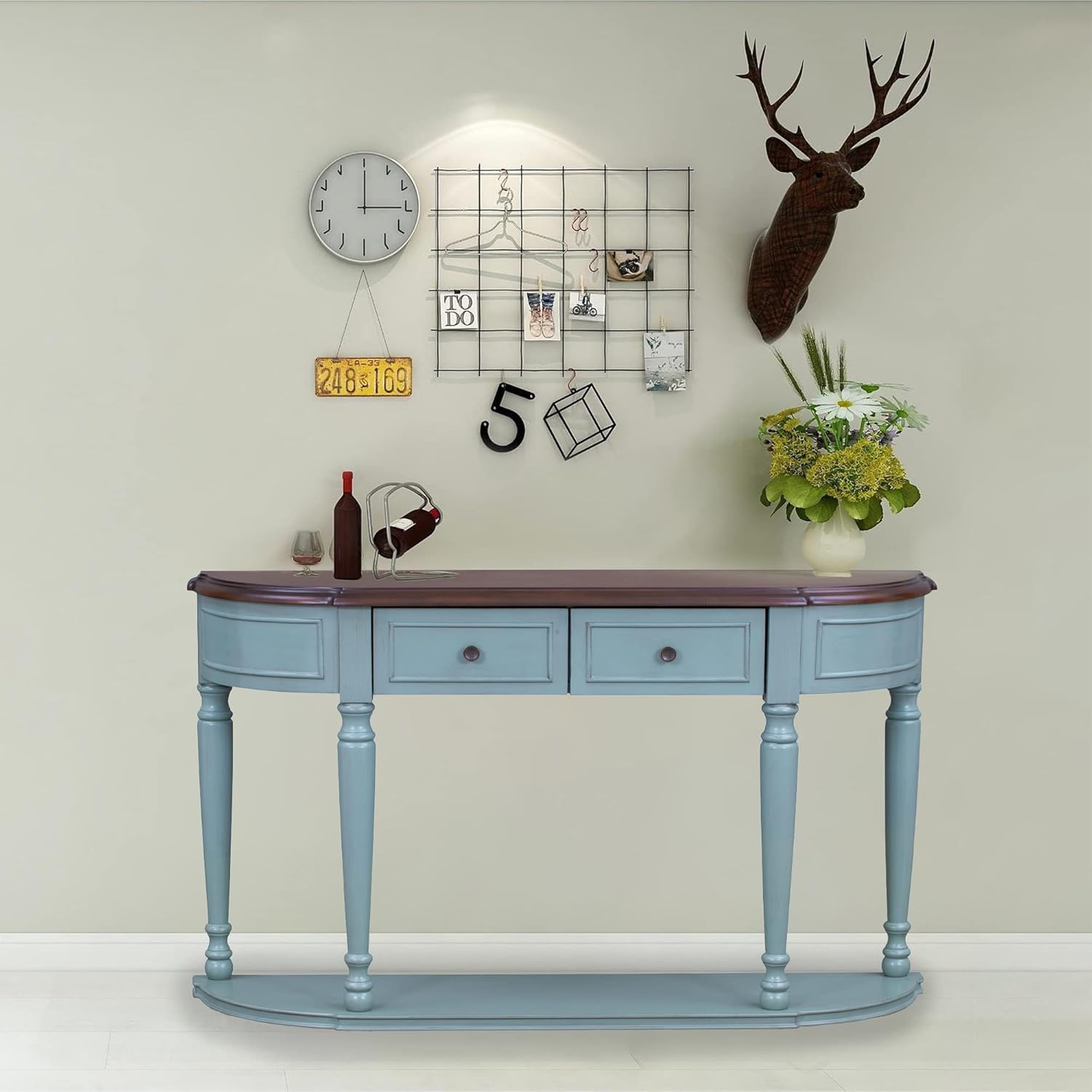 Console Table, Retro Curved Sofa Table with Two Top Drawers Storage, Side Table