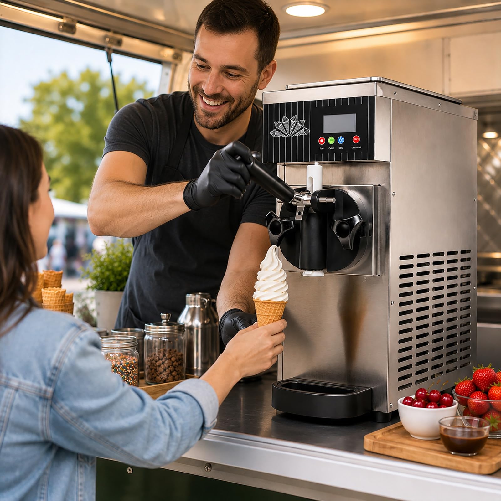 vnmudzeo Single Flavor Ice Cream Machine - 450W Countertop Soft Serve Maker, 84.5oz Hopper, 1L Freezing Cylinder, LCD Panel for Dessert Shops Silver