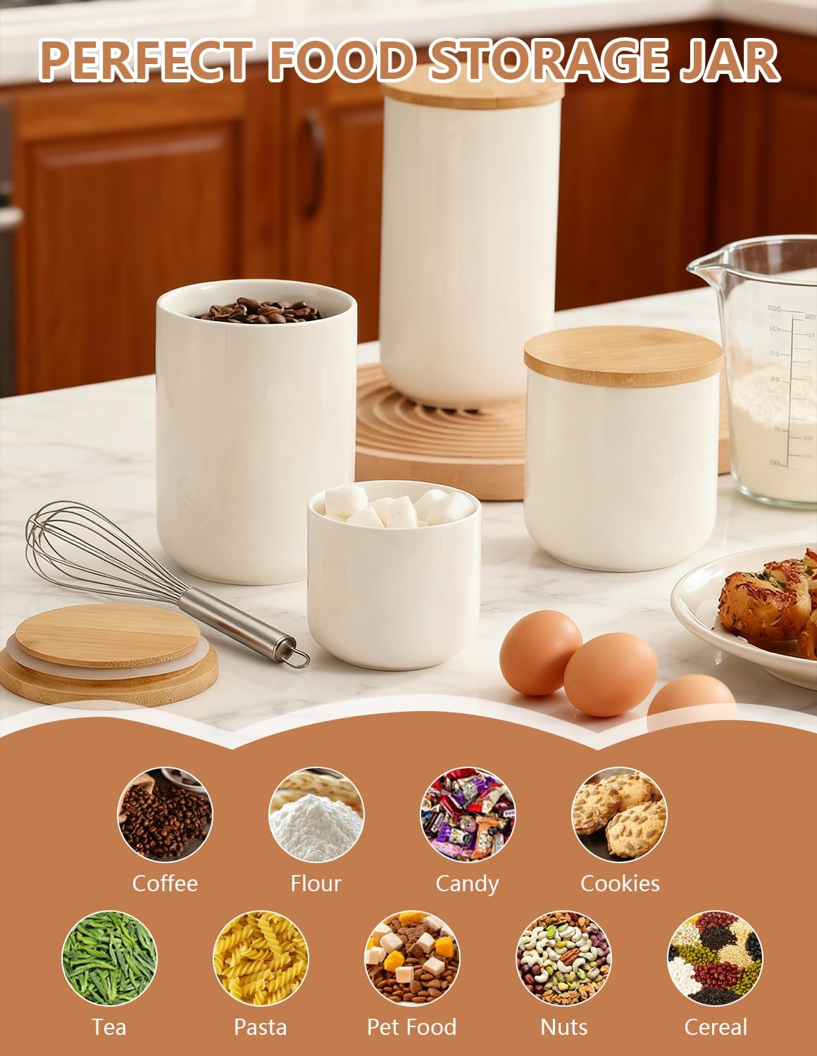 Ceramic Food Storage Containers with Lids, Kitchen Canisters for Countertop, White Food Canister Jar for Flour, Coffee, Bean, Sugar, Tea, Spices and More, Home Decor (Set of 4)