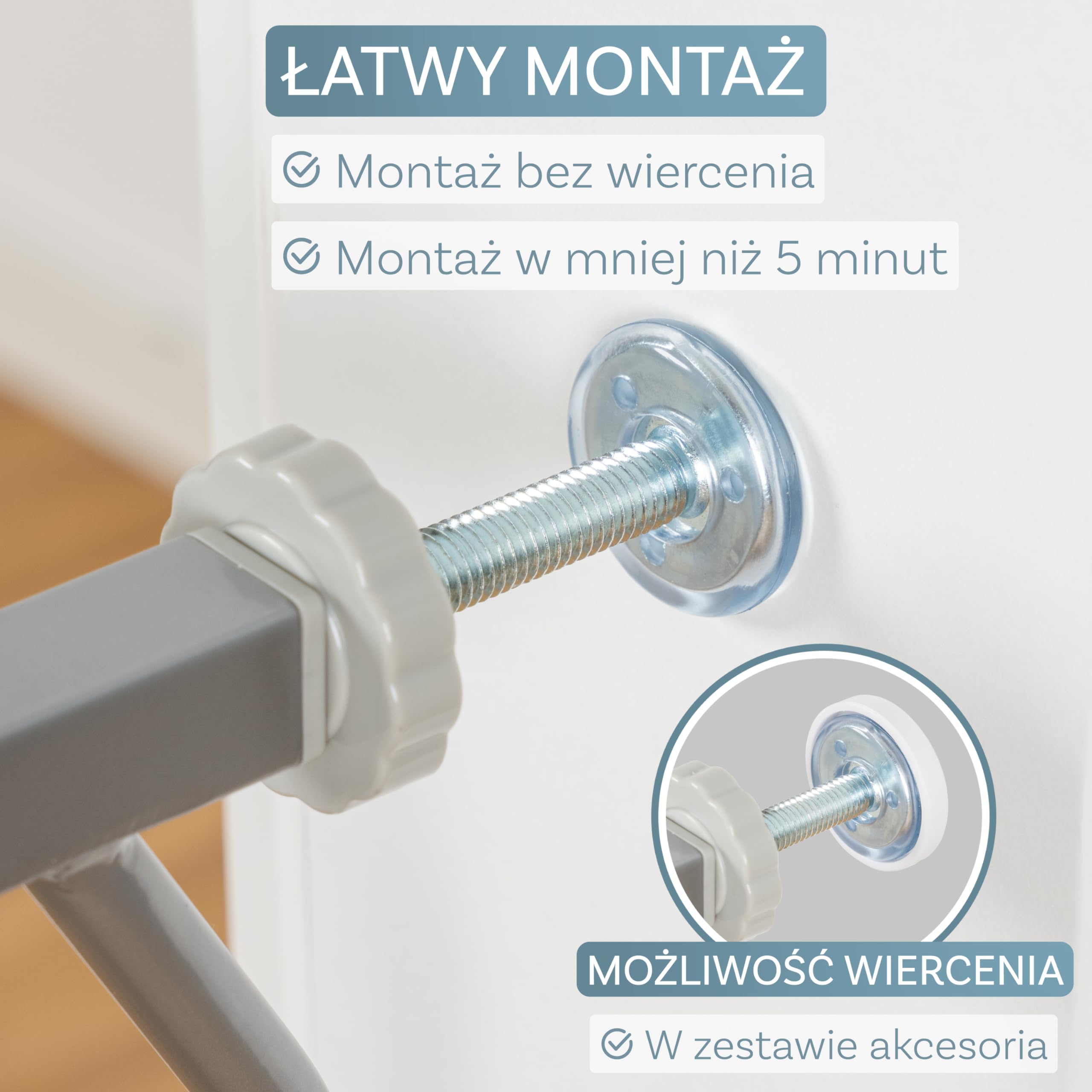 ib style Berrin 75-175 bramka ochronna na drzwi - bramka na schody dla dzieci, samozamykająca się, nie wymaga wiercenia, bezpieczna dla dzieci, 115-125cm, srebrny mat