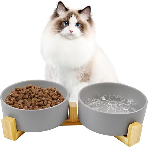 Miniatura 8 de Cuenco de cerámica para perros y gatos con soporte de madera, cuencos elevados para comida y agua, modernos y bonitos platos para gatitos, pesados y