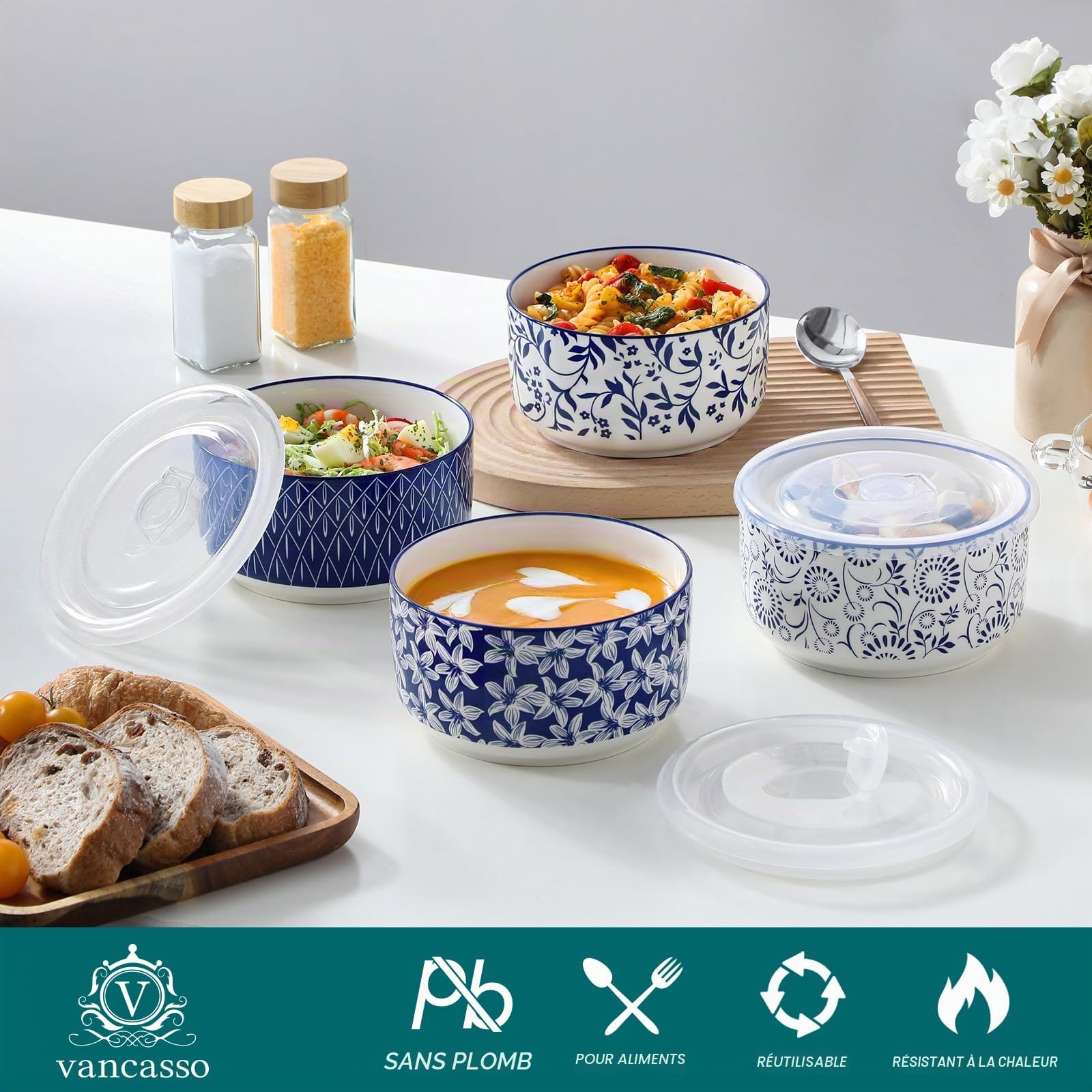 vancasso SELENE - Lot de 4 Boite Repas en Céramique 1080ml, Boîtes de Conservation Alimentaire, Boite Hermétiques pour Céréales, Salade, Soupe, Ramen, Micro-ondes et Congélation - Bleu et Blanc