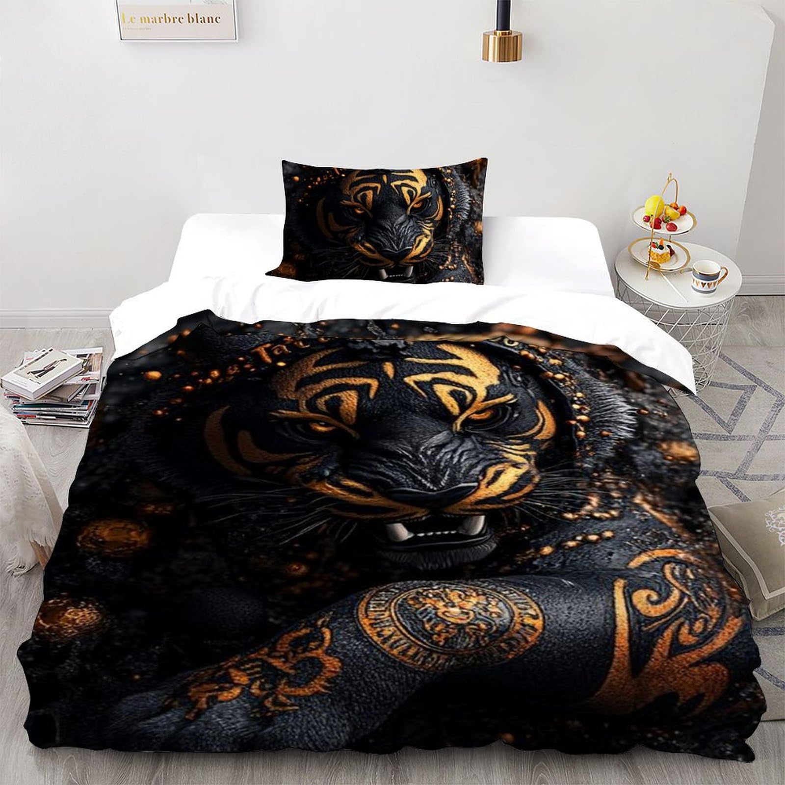 Housse de couette single lion d'or noir imprimé 3D en microfibre 135x200 cm avec sa taie d'oreiller