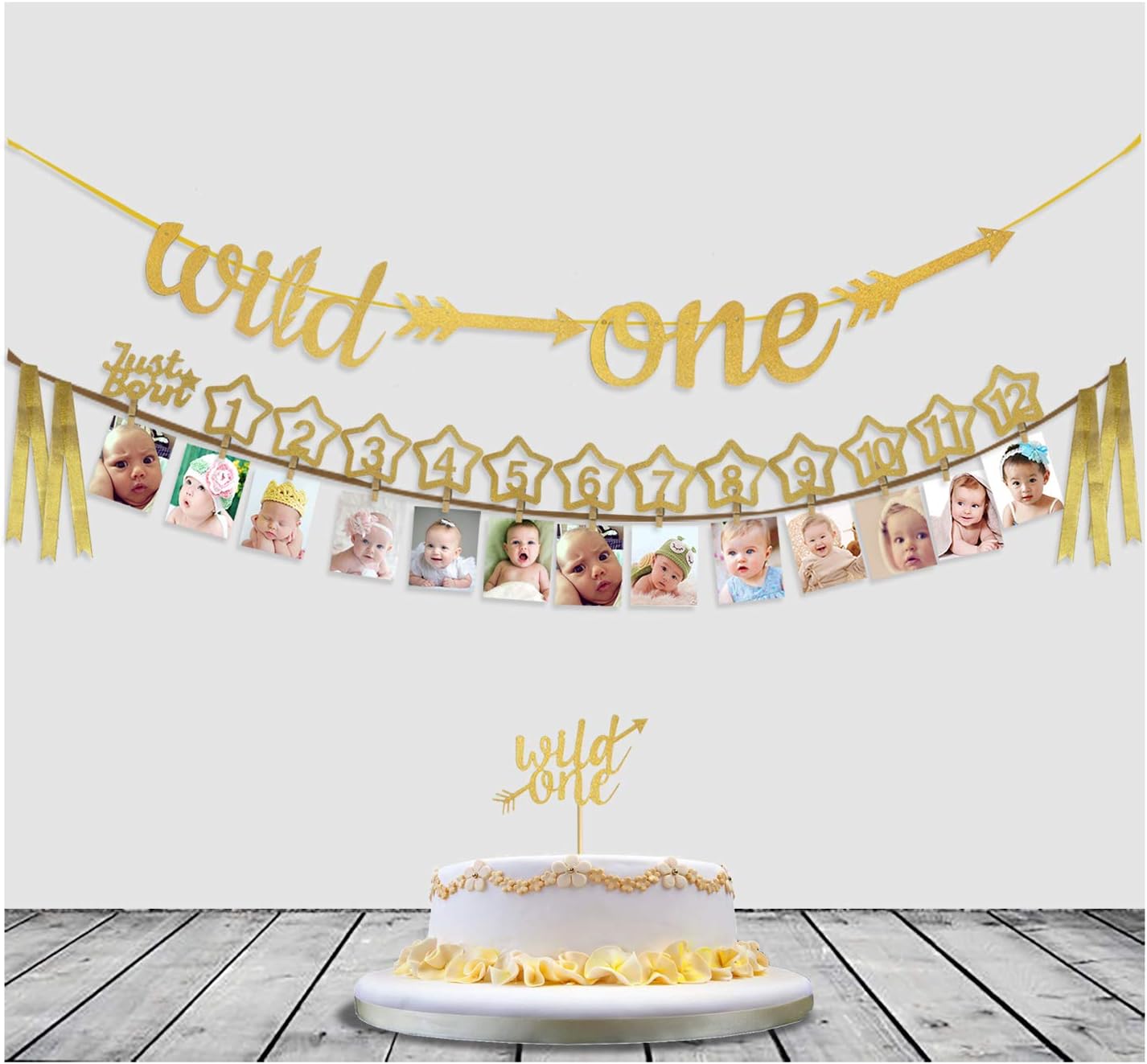 Baby's 1st Birthday Decorations- 12 Month Photo Banners,Wild One Birthday Banners,Wild One Cupcake Topper,the Wild One Party Supplies (wild one) (Gold)