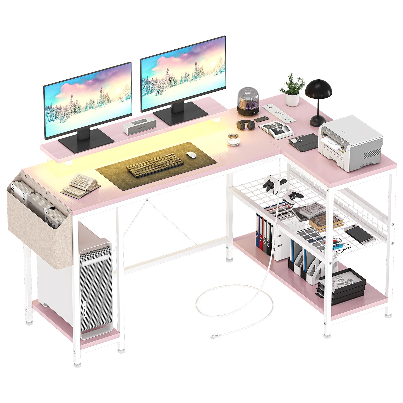 GAOMONL Shaped Computer Desk with Power Outlet & LED Light, Reversible Corner Gaming Desk with Monitor Stand, Home Office Desk with Storage Shelves, Writing Desk Table with Storage Bag, Pink