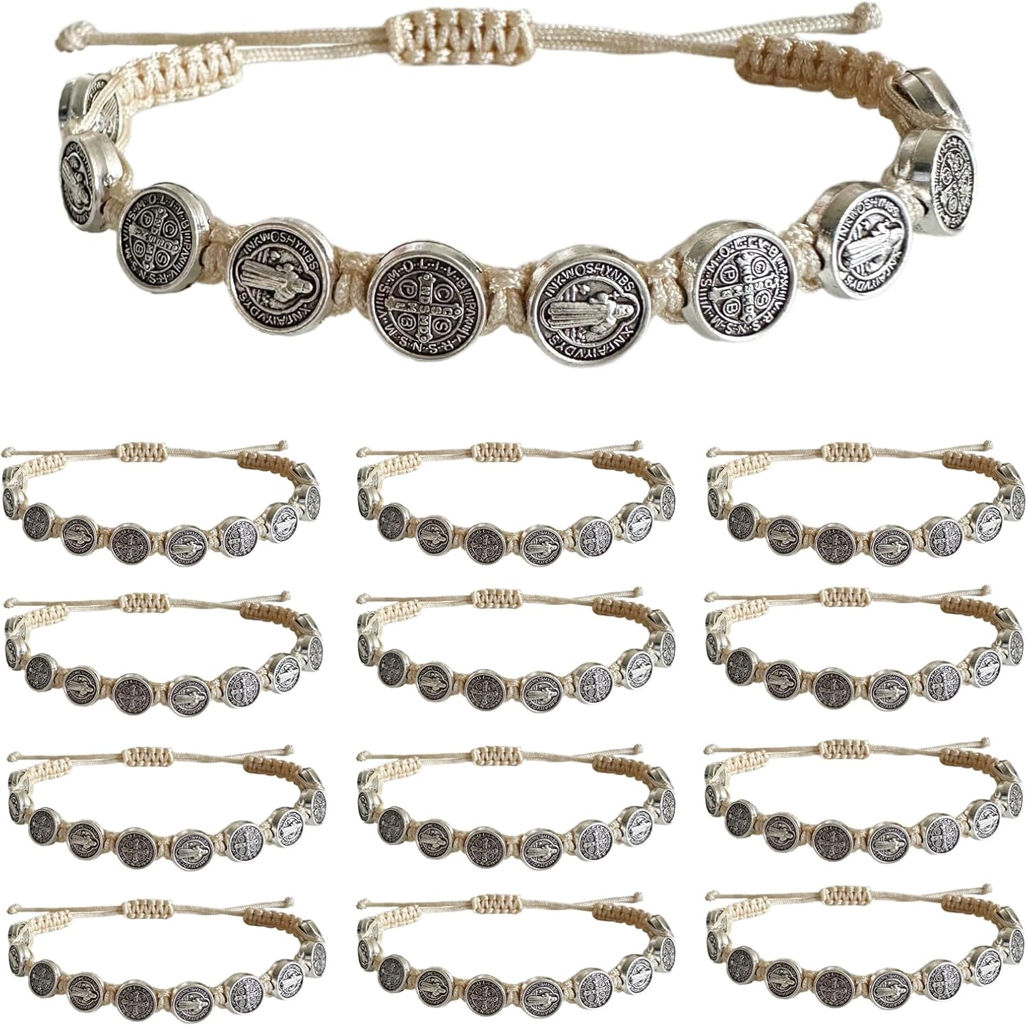 12pcs St Benedict Bracelets Nature Color String Saint Benedict Rosary Bracelet Medalla De San Benito Catholic Gift For Men Women