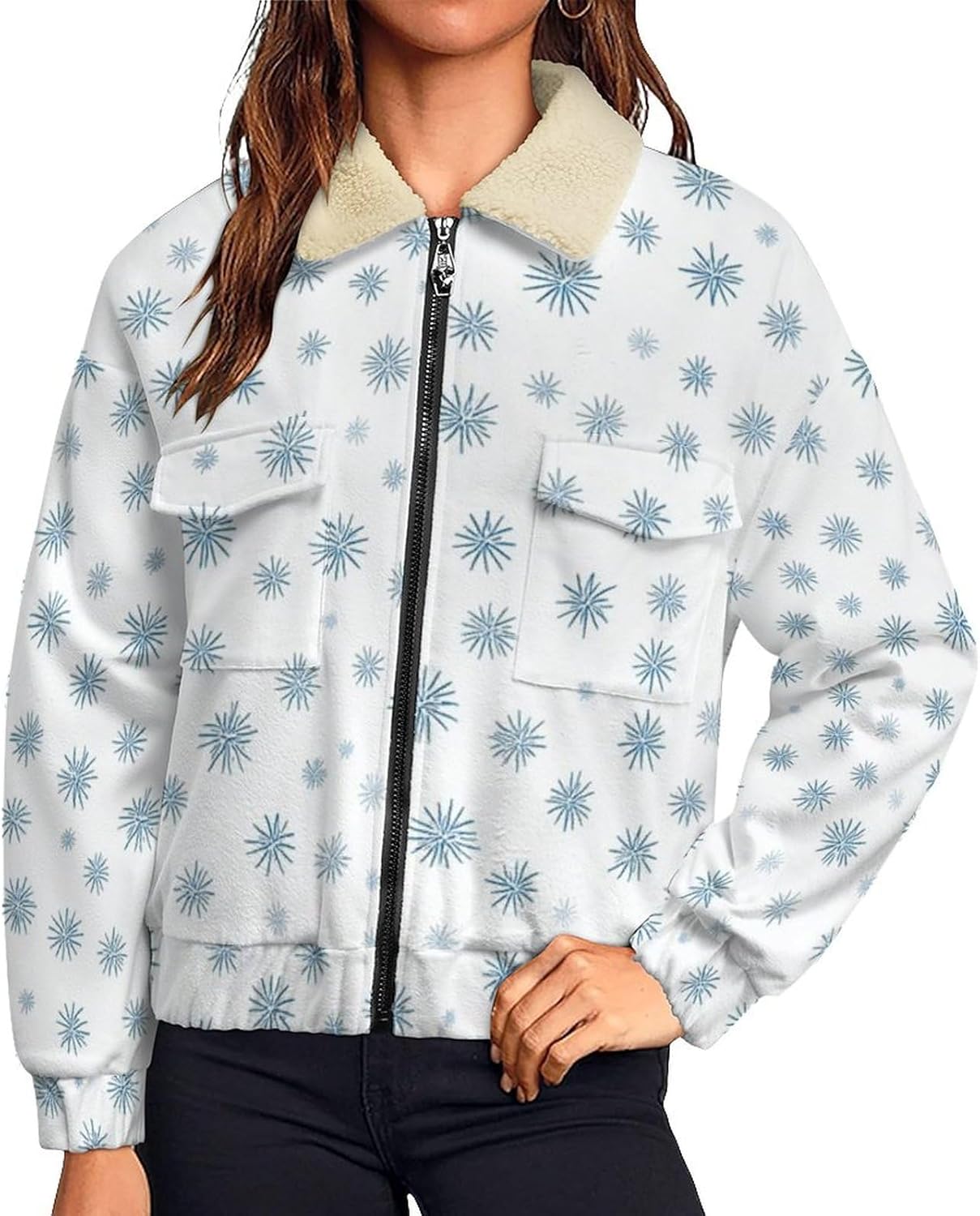 Women's Full Zip Soft Polar Fleece Jacket, Snowflakes Printed Outdoor Coat, Long Sleeve Comfortable Outerwear
