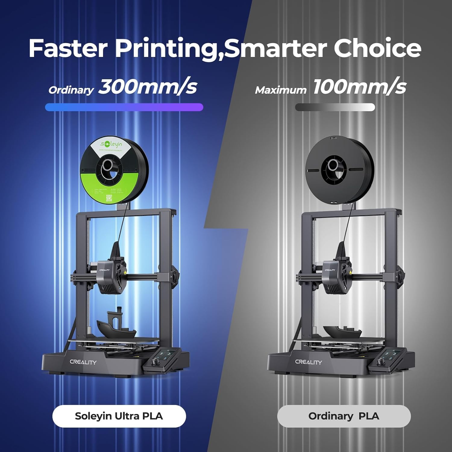 Creality Colorful Soleyin Ultra PLA 3D Printer Filament 4-Pack (Black, White, Gray, Ocean Blue), 1.75mm, 300mm/s High-Speed Printing, ±0.02mm Accuracy, 1kg Each Spool, for Ender K1, K1C, K2 Series