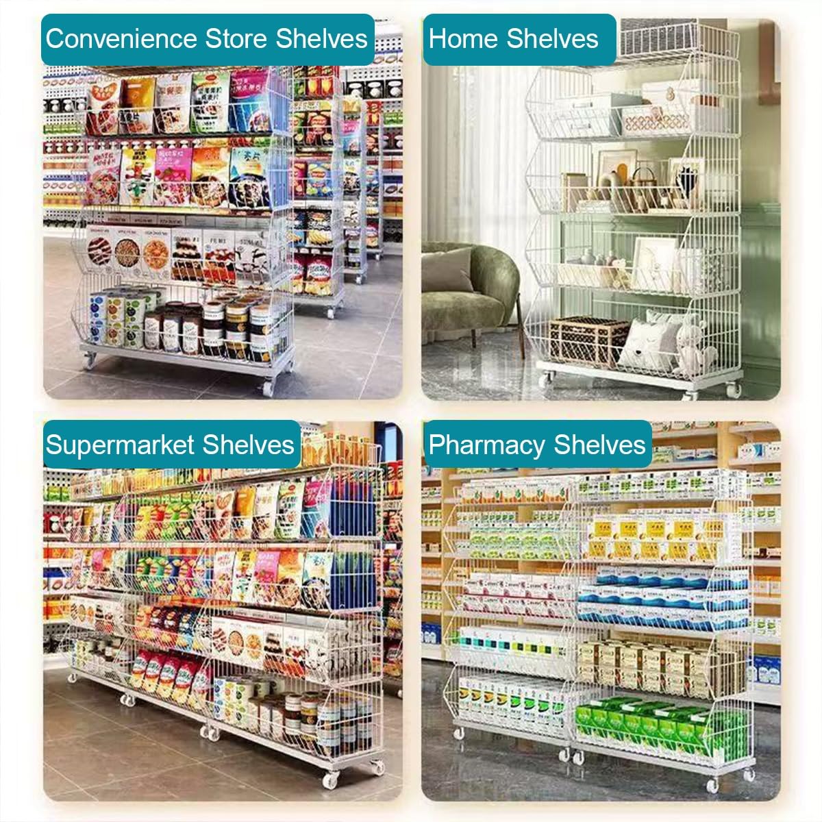 5 Tier Snack Rack Retail Display Stand,5-Tier Supermarket Snack Display Rack with Wheels, Heavy-Duty Metal Wire Basket Shelf, for Grocery, Convenience Store & Home(Black,L 60CM/23.6IN)