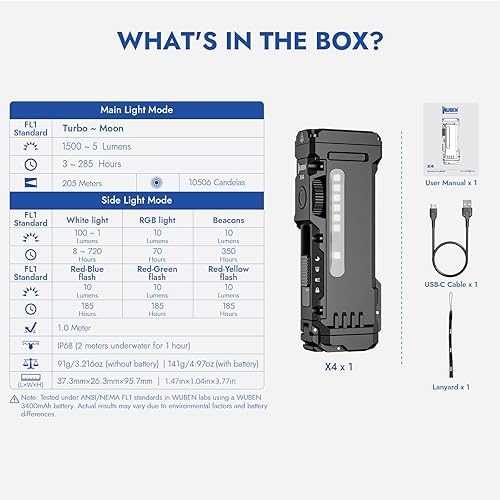 Miniatura 7 de WUBEN X4 EDC linterna recargable con luz RGB LED multifuncional linterna 1500 lúmenes con interruptor táctico magnético, clip de bolsillo IP68 USB C
