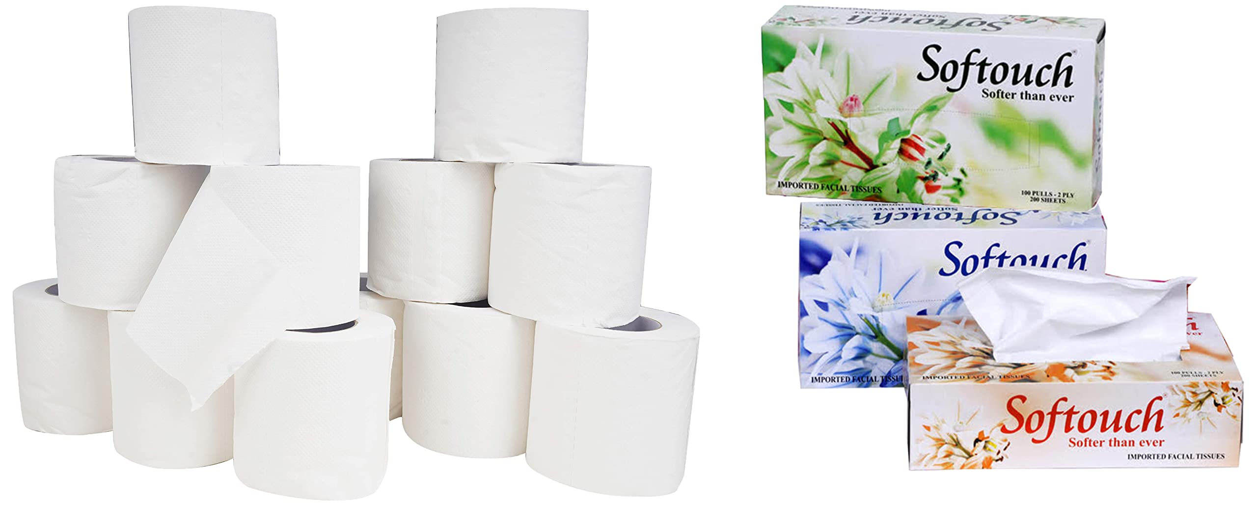 Softouch 3 Ply Toilet Paper tissue roll 12-in-1 set- (160 pulls per roll) Total 1920 Pulls & SofTouch 2 Ply Face tissue paper 100 pulls 200 sheets Each Box- Set of 3 (Multicolor) (B0BP593CMY) Amazon Price History, Amazon Price Tracker