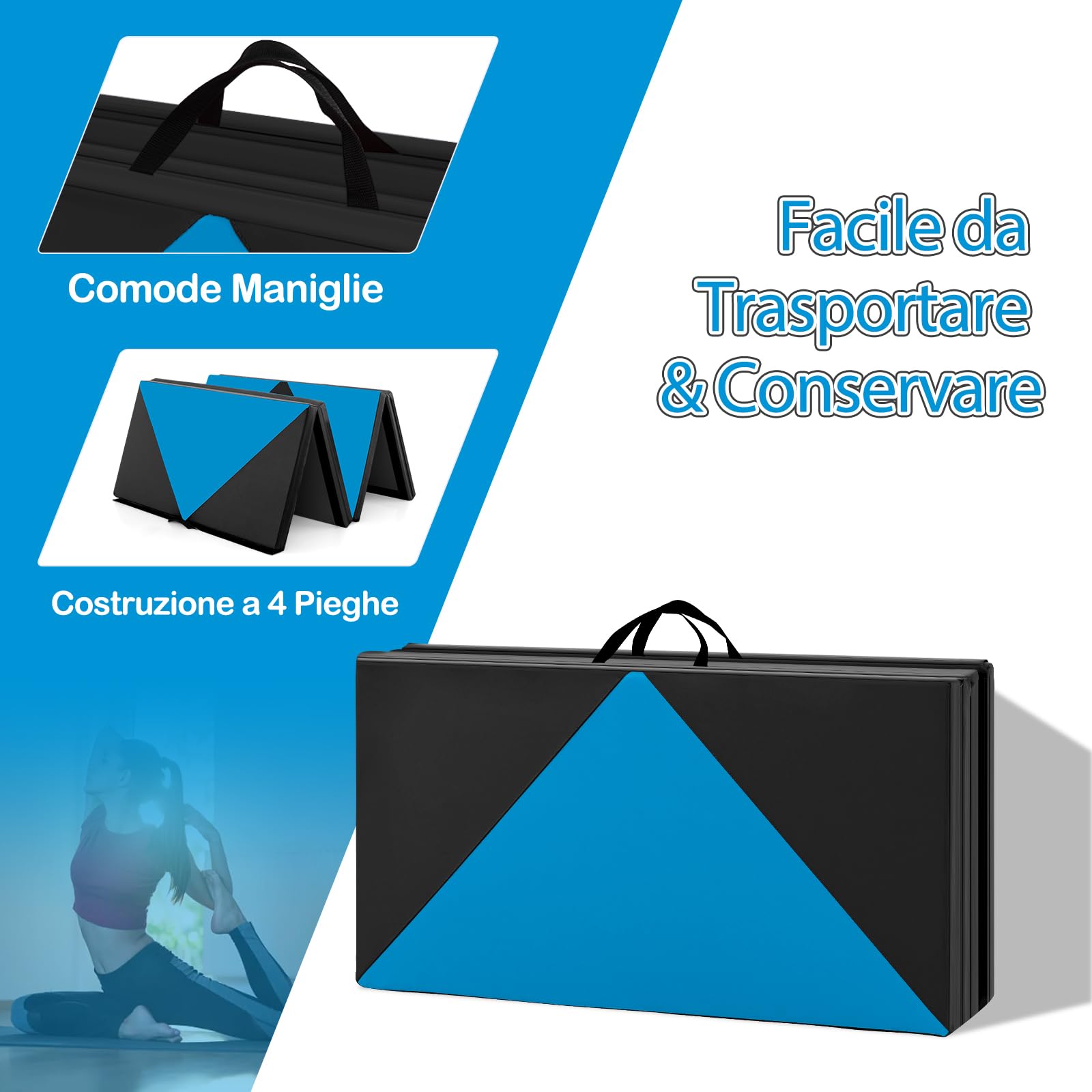 COSTWAY Tappetino Ginnastica Pieghevole 240 CM, Tappetino Fitness con Maniglie e Chiusure a Strappo per Stretching, Yoga, Arti Marziali da Casa e Palestra