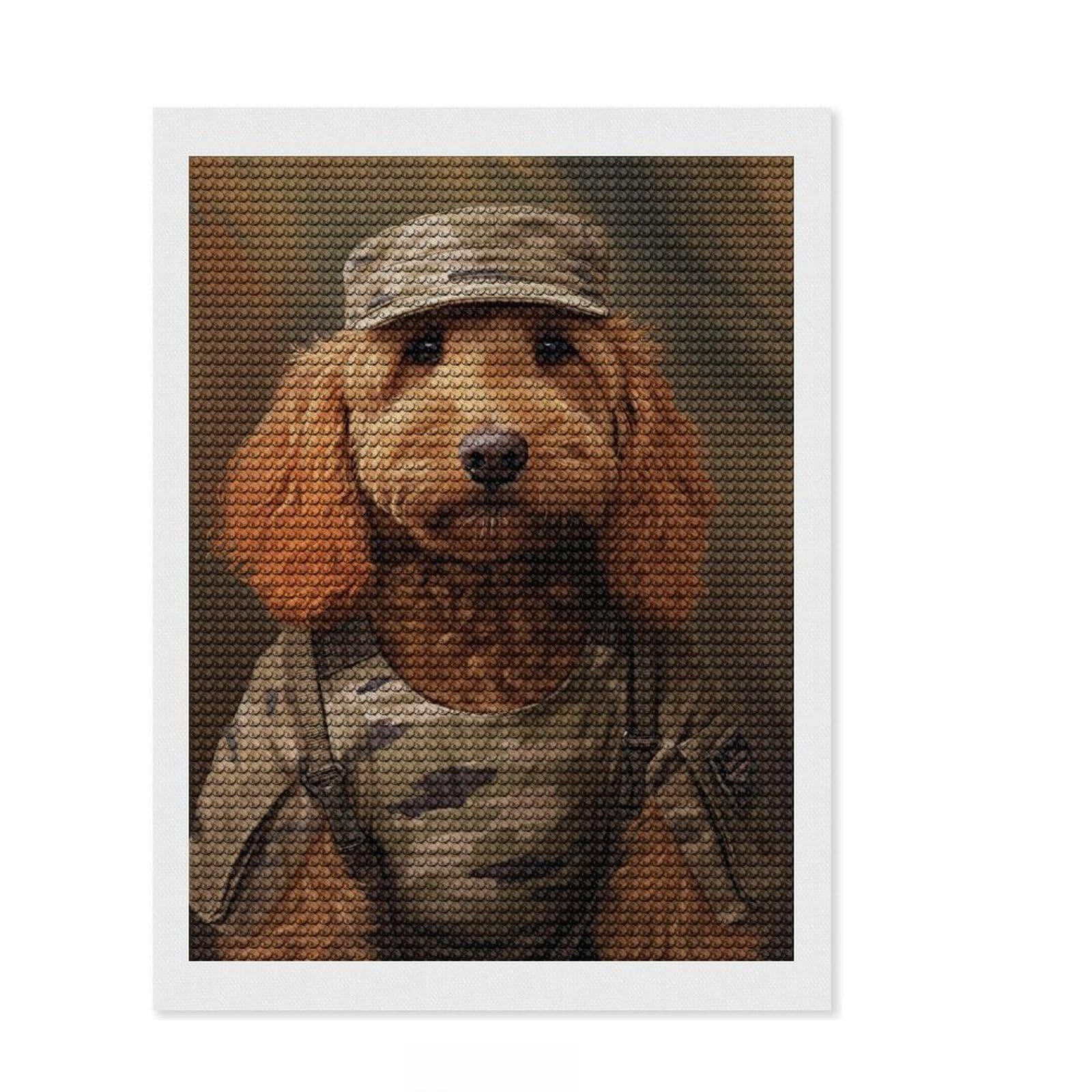 Junmoney Goldendoodle Soldier Round Drill Diamond Painting 12"x16", Easy to Follow Symbols, with Tool Kit, Aesthetic Room Decor, Birthday Gift