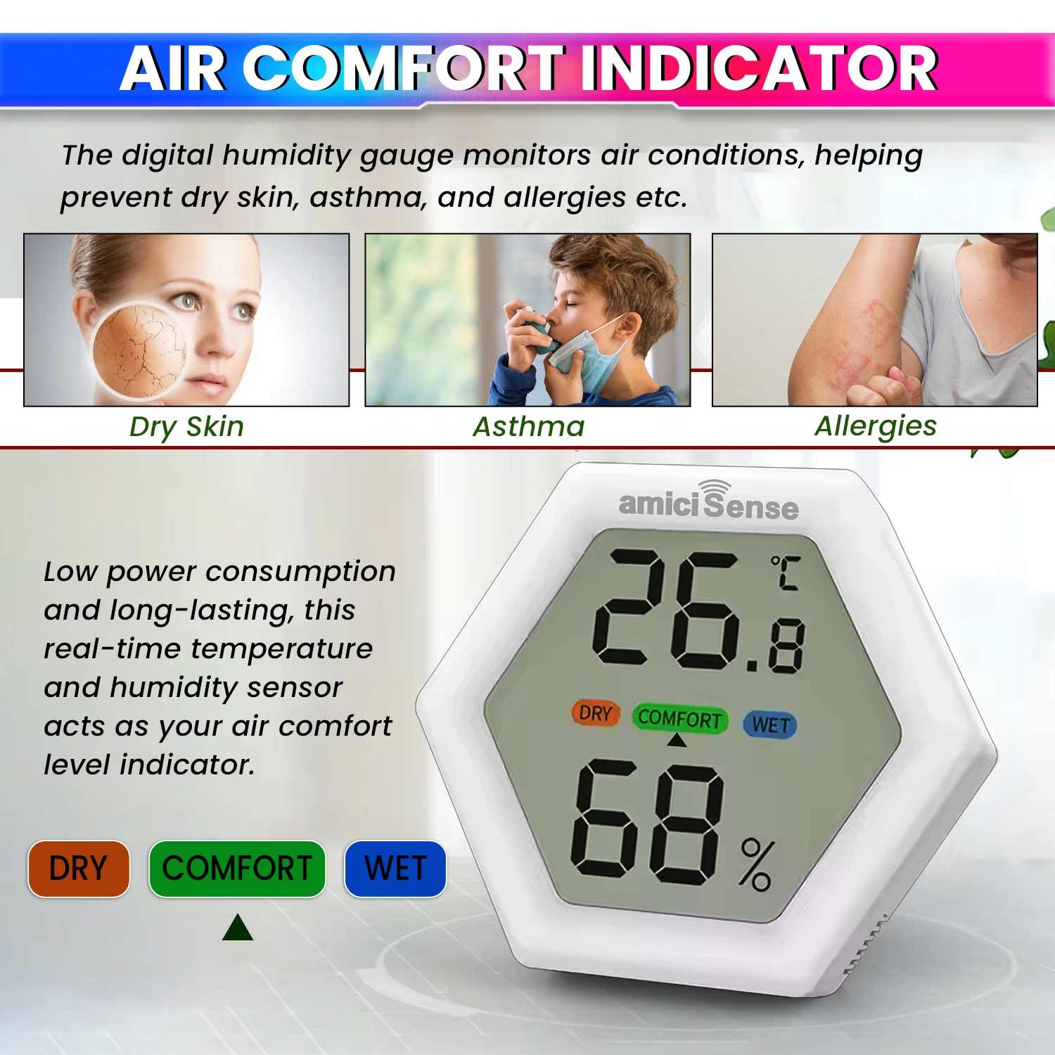 amiciSense Digital Hygrometer Thermometer, Temperature and Humidity Meter with 1.5 sec Fast Sampling and Large LCD Display - Image 4 thumbnail