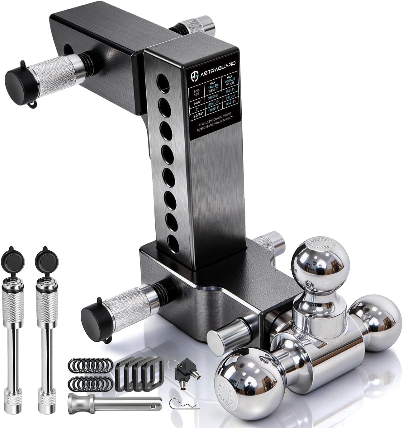 Adjustable Trailer Hitch Fit 2.5 Inch Receiver, Tri-Ball (1-7/8", 2", 2-5/16") Heavy Duty Aluminum Tow Hitches with 8 Inch Rise/Drop for Truck (18500 LBS GTW)-Weatherproof & Anti-Theft
