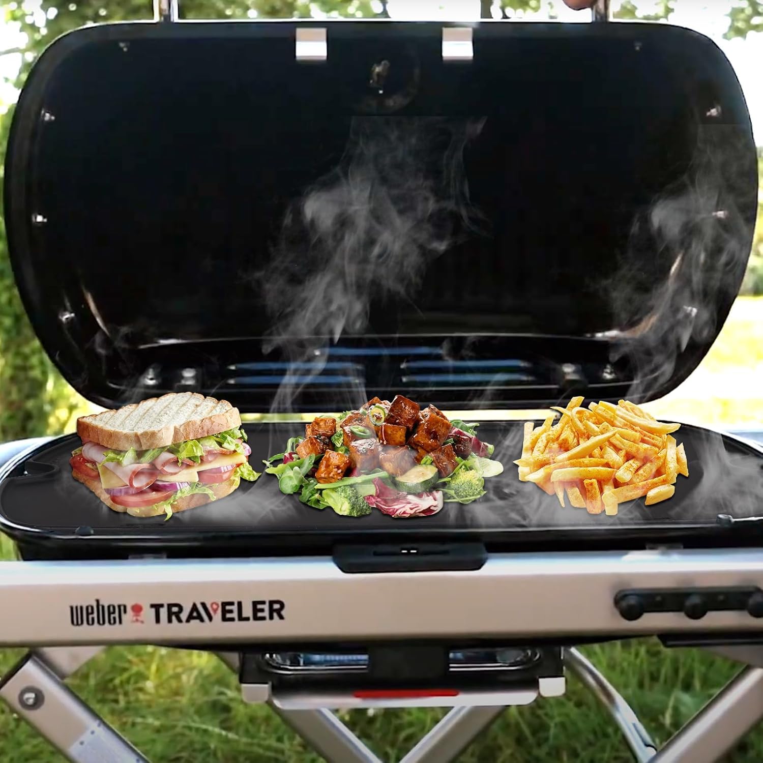 Cast Iron Griddle for Weber Traveler Portable Series Gas Grill 9010001 9013001 9020001 9030001 9011701, Reversible Griddle Insert Replacement Parts for Weber Traveler Grill Accessories with Carry Bag