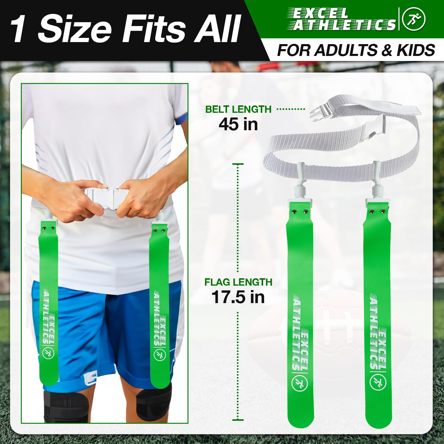 Excel Athletics Flag Football Set, Adjustable Flag Football Belts for Youth, Kids & Adults with 1 Belt & 2 Flags (Green)