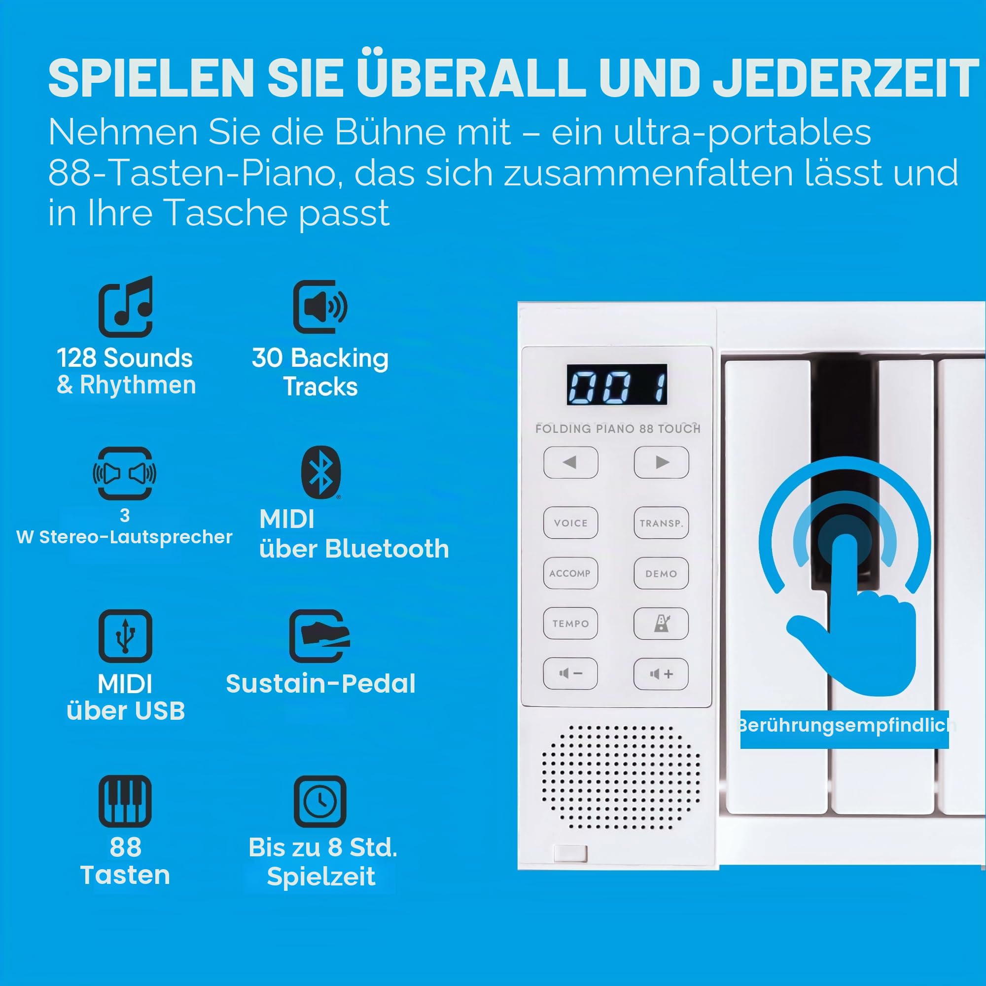 Carry-on FP-88 Touch 88 Tasten berührungsempfindlich Schwarz Tragbares Faltbares Digitalpiano durch USB MIDI Controller mit wiederaufladbarem Akku