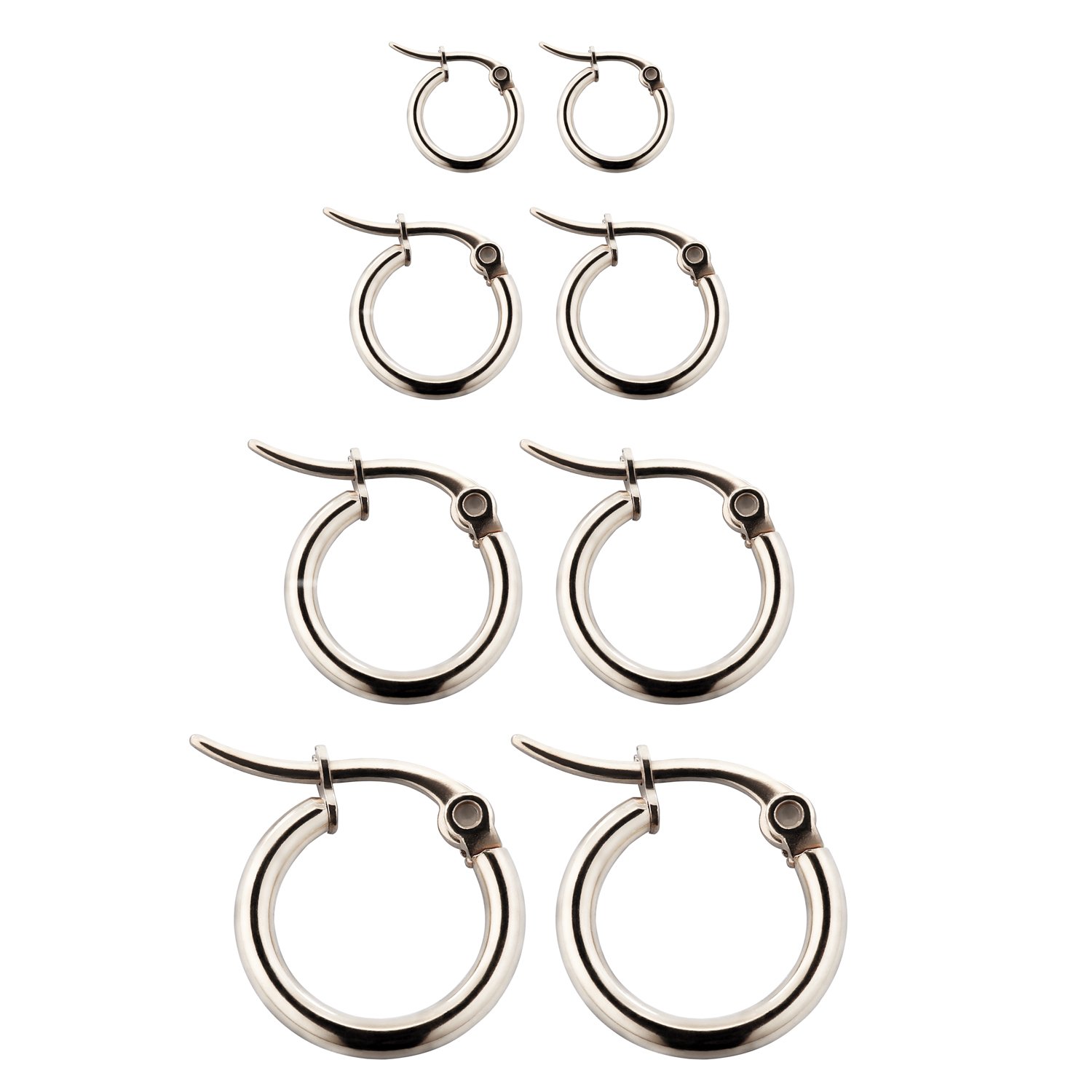4 Pairs Silver Stainless Steel Rounded Hoop Earrings Set for Women Nickel Free - 10,15,20,25 mm