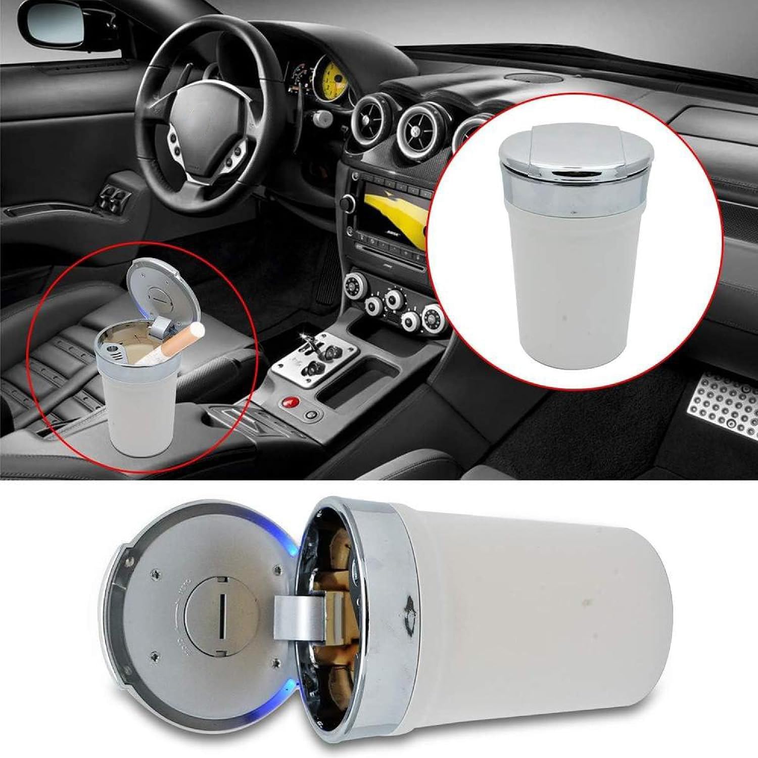 Riloer Car Cup Holder Ashtray With Led Lamp, Lightweight Portable Car Ashtray With Cover, Universal Stainless Steel Smoke Remover, Easy To Clean And Removable, White