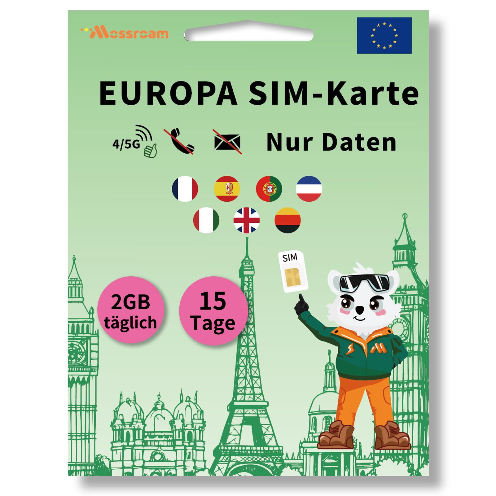 Europa 3-in-1 SIM Karte: 2 GB/tägliches Highspeed-Datenvolumen, 15-Tage-Prepaid-Tarif für 7 Länder, Hotspot-Unterstützung,Keine Sprachanrufe, Keine SMS