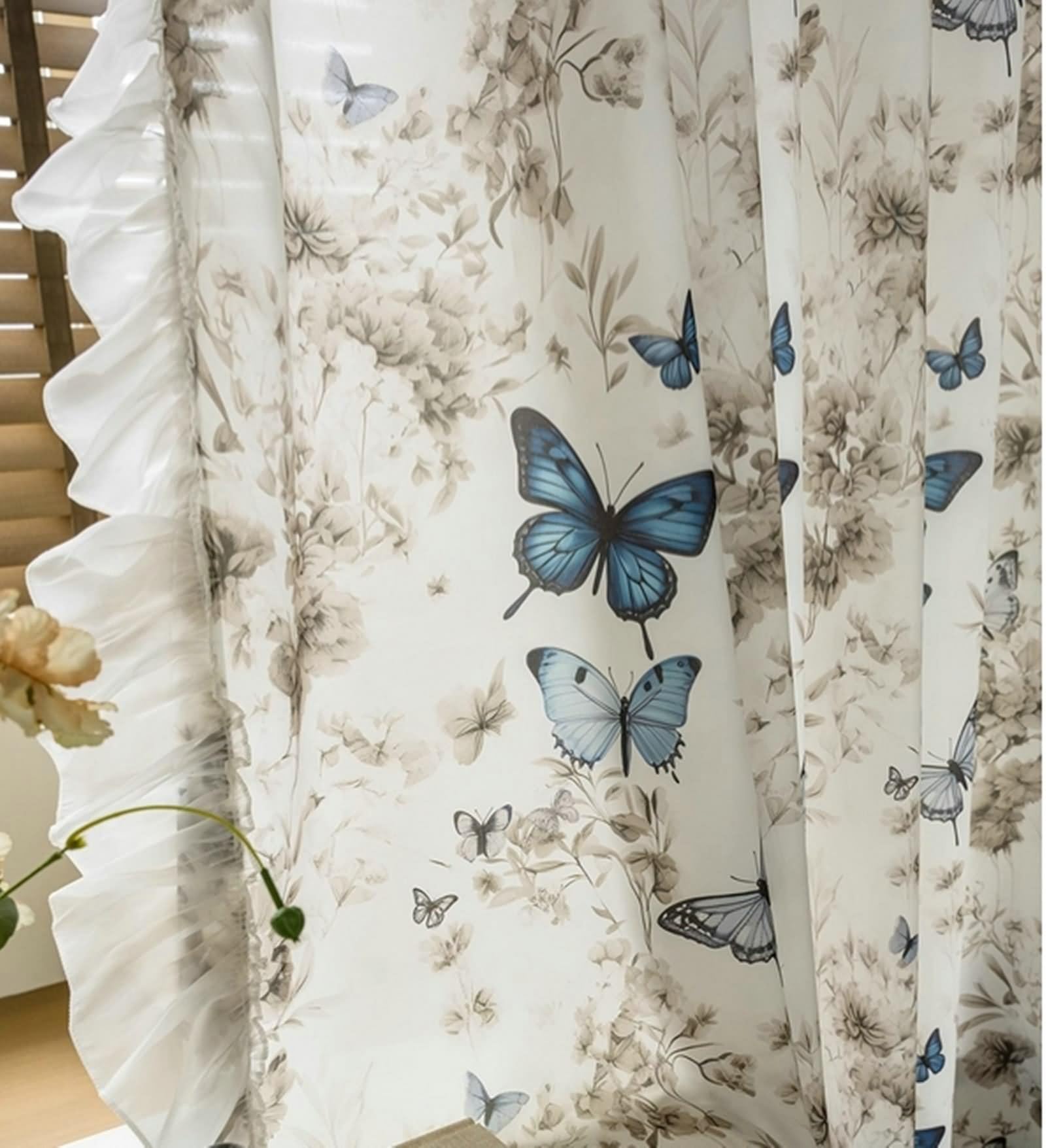 Przezroczyste firanki, Vintage Zasłona okienna Niebieski Motyl Drukowane 2 Panele 96W x 160L cm