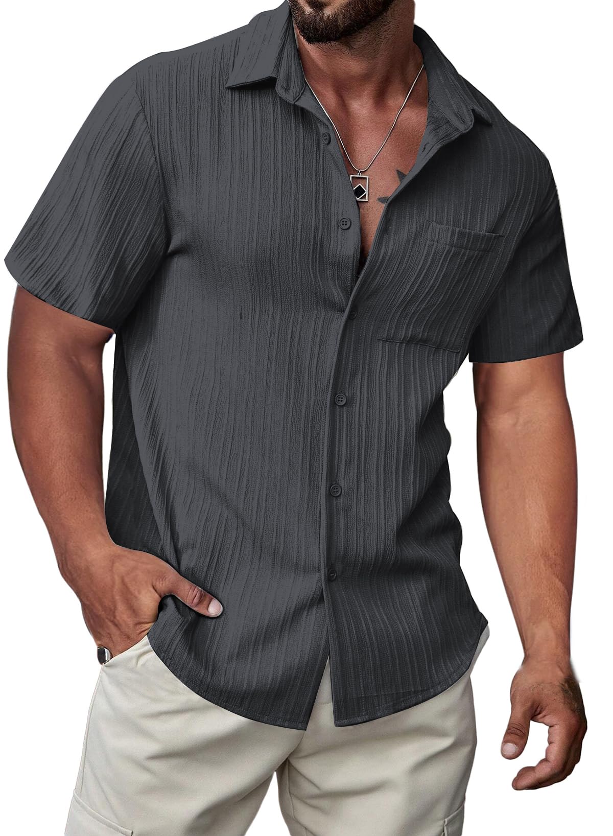 JMIERR Hawaiian Shirt for Men Button Down Short Sleeve Shirts Textured Casual Summer Beach Linen Shirts