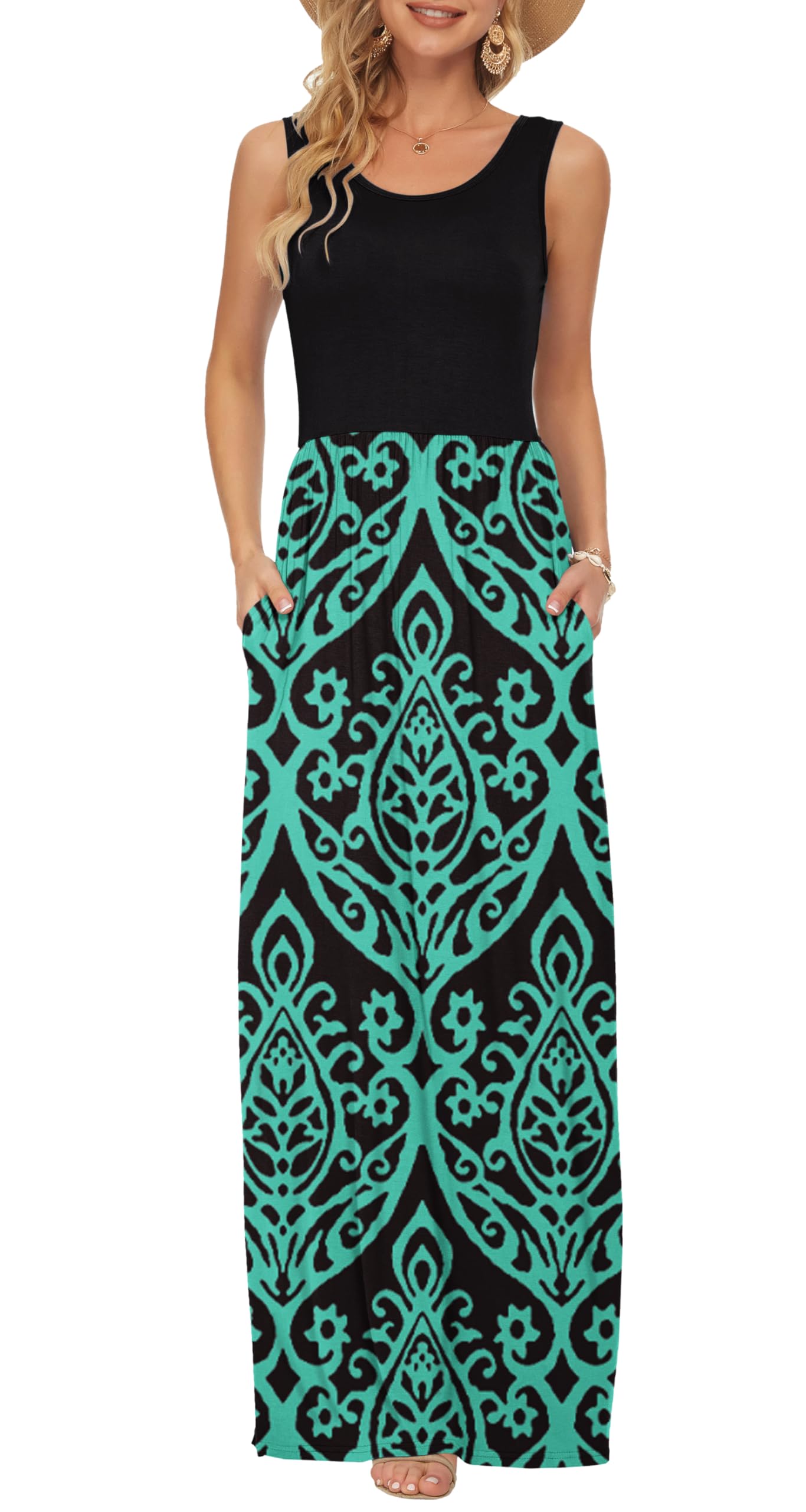 AUSELILY Damen Sommer Ärmelloses Lockeres Maxikleid Lässiges Langes Kleid mit Taschen