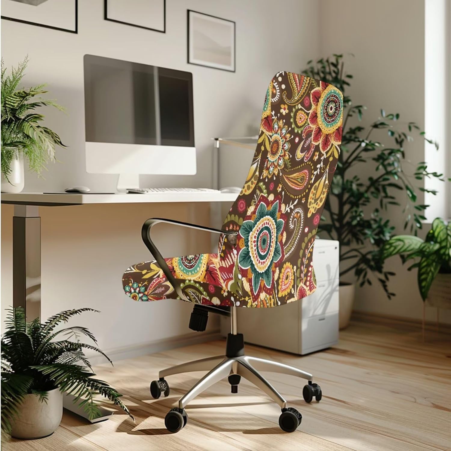 Armchair Slipcover with Stretch Armrest Covers Anti-Dust Office Chair Protector Art Bohemian Flower Print Square Tissue Box Cover PU Leather Remote Control Holder, S