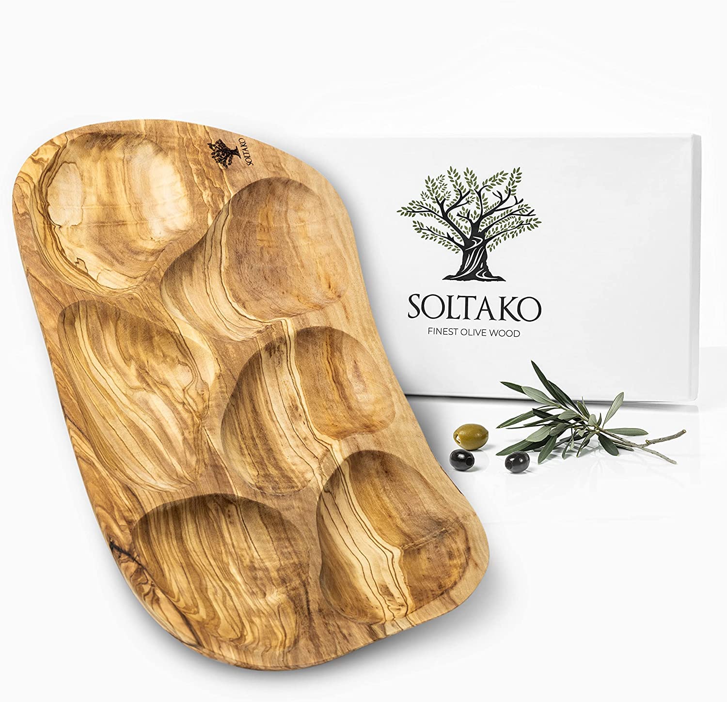 SOLTAKO Assiette Apéritif en Bois d’Olivier - Plateau Apéro à 6 Compartiments - Plat de Service - Bol en Bois Brut pour Fromages, Sauces, Charcuterie, Noix - Bol à Snack