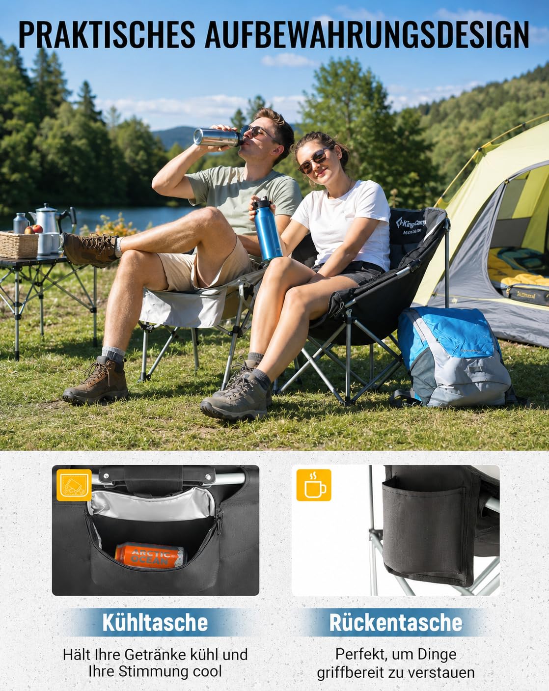 KingCamp 2er Set Moonchair Campingstuhl Faltbar bis 205kg Gepolstert | Tragbar Campingstühle mit Kühltasche, Getränkehalter & Tragetaschen für Camping, Garten, Angeln Outdoor
