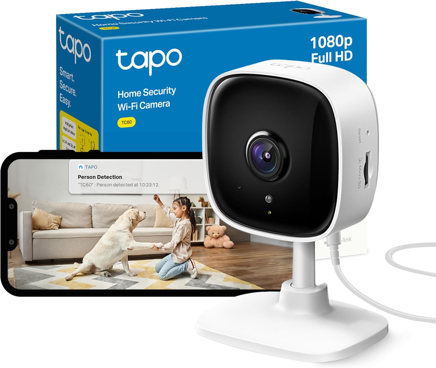 Tapo TC60 camera with packaging and a smartphone displaying the app interface.