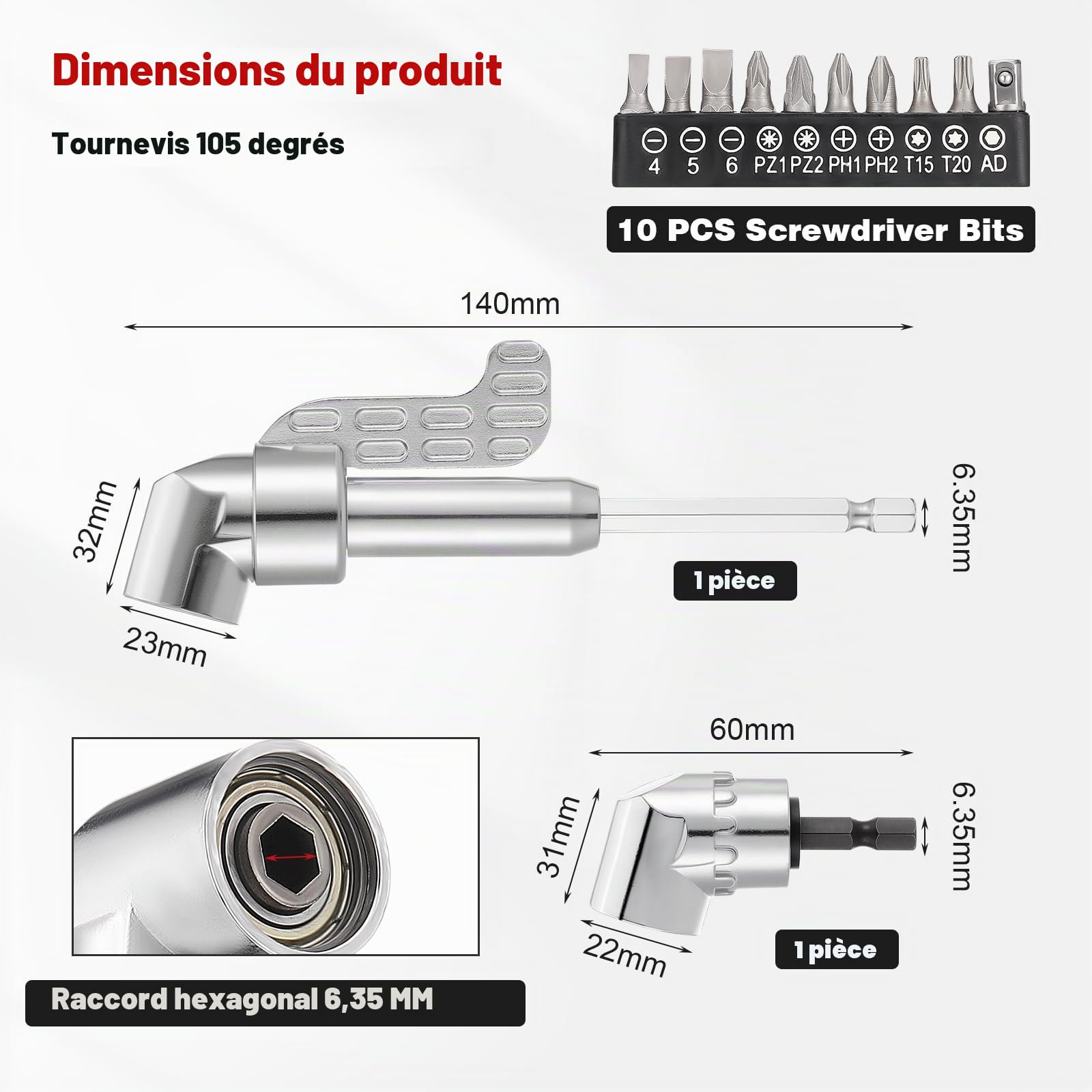 Gueenky 2 Pièces Renvoi D'Angle Visseuse, 105° Adaptateur de Perceuse à Angle avec Embout Visseuse, Foret à Angle Droit à Tige Hexagonale 1/4'' pour Perceuse Tournevis Adaptateur