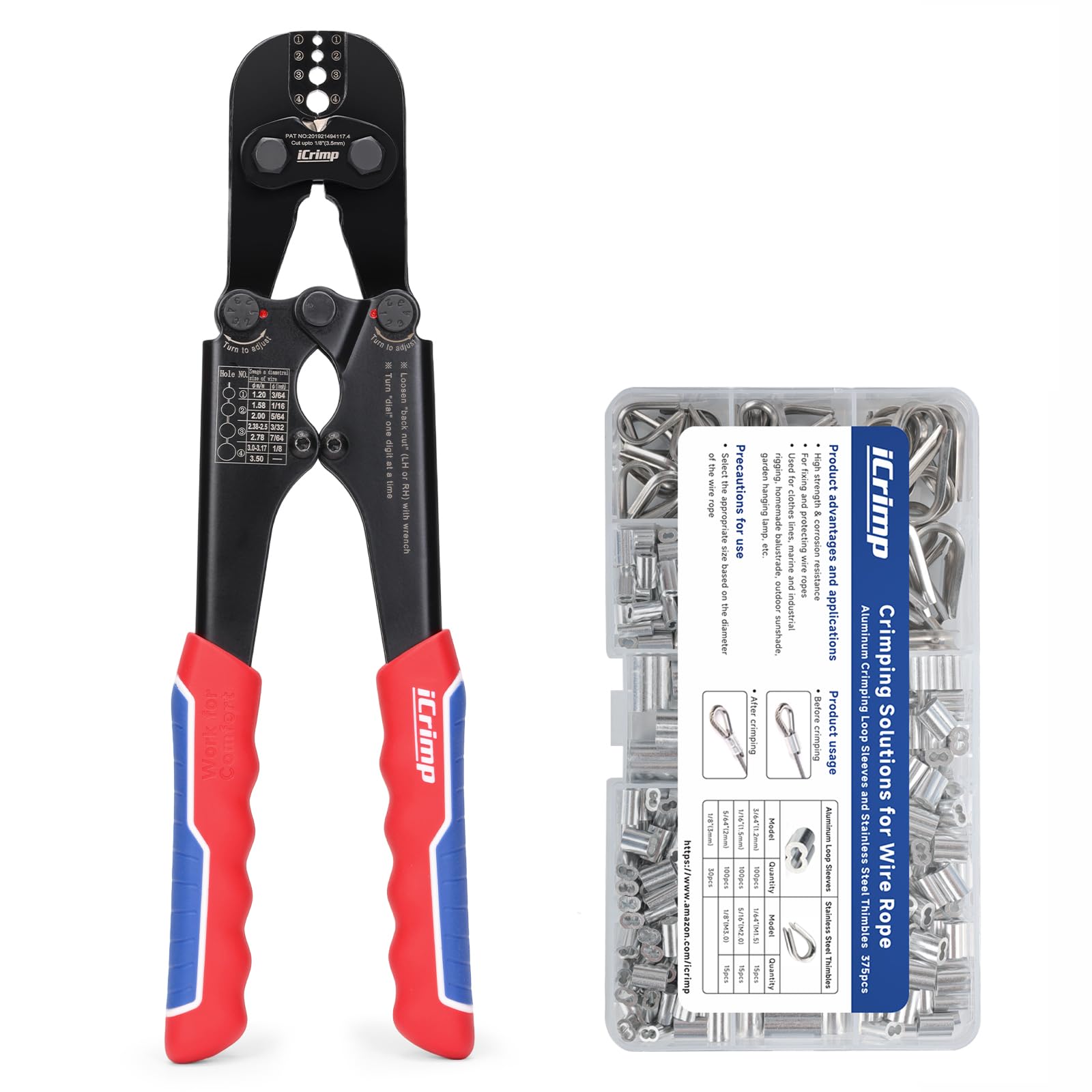 Set di pinze crimpatrici iCrimp per cavi in filo metallico, pinza crimpatrice con 330 pezzi di guaina ad anello e 45 pezzi di puntalini in acciaio inossidabile, kit per crimpatura di filo metallico