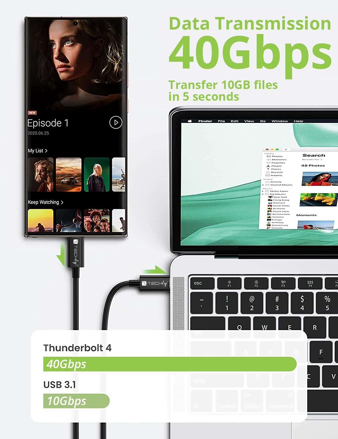 TECHLY 362602 Cable USB 4 Gen 3 Type-C™ Thunderbolt M/M E-Mark 8K 40Gbps 100W PD 0,8 m Negro