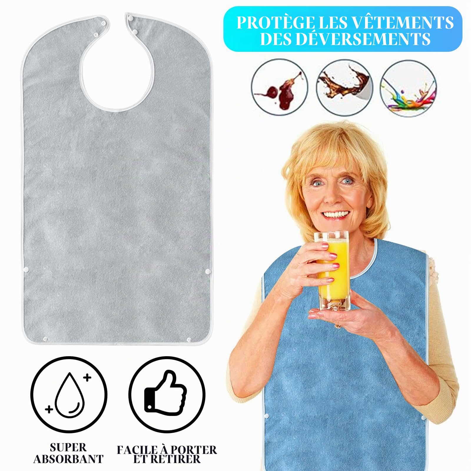 MeYuxg Lätz Lot de 3 bavoirs imperméables pour adultes avec boutons-pression et garde-boue, pour hommes, femmes, personnes âgées et handicapées