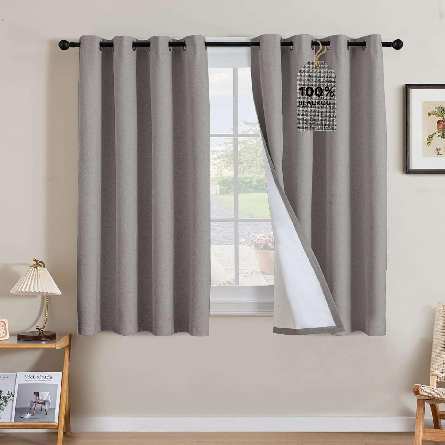 H.VERSAILTEX Linen Curtains 100% Blackout Curtains for Bedroom 54 inch Long Full Light Blocking Nature Linen Blended Window Curtains for Living Room Nickel Grommet (2 Panels, Heathered Dove)