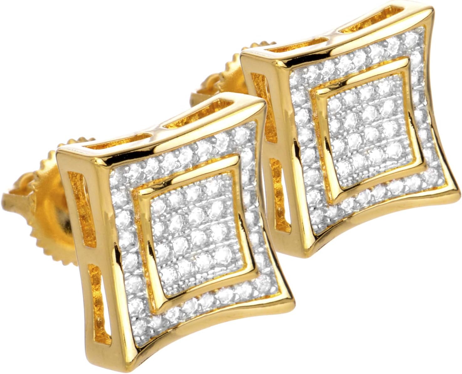 Men's Crystal CZ 14k Gold Plated Double 3D Square Kite shape Two Tone Gold Screw Back Stud Earring BE 002 TT