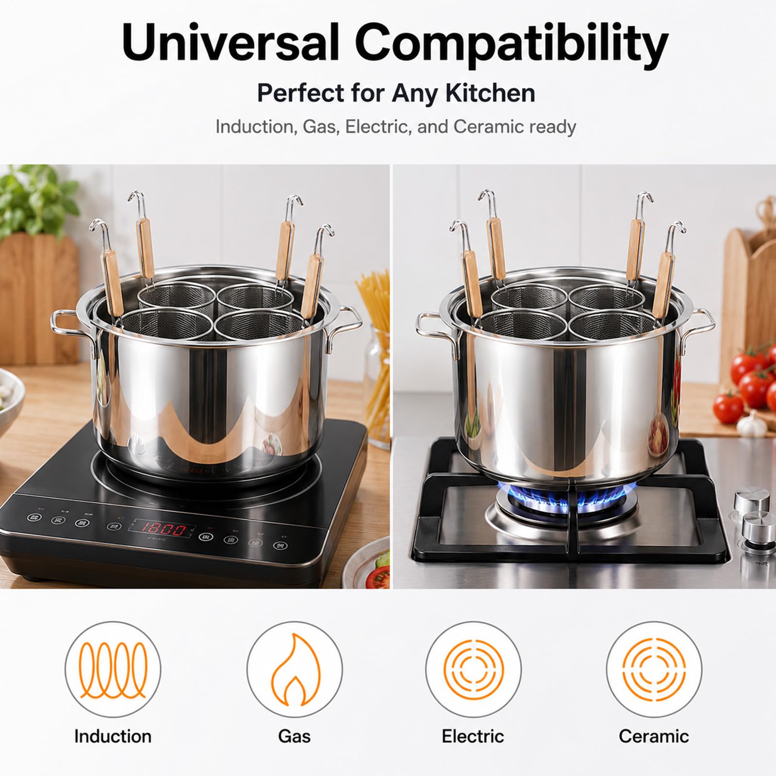 RSBFER Set di cuocipasta in Acciaio Inox con cestelli scolapasta, pentola Multifunzione con Coperchio e 3/4/5 Scomparti per cuocere Pasta, Noodles, Gnocchi e Verdure,3 Hole