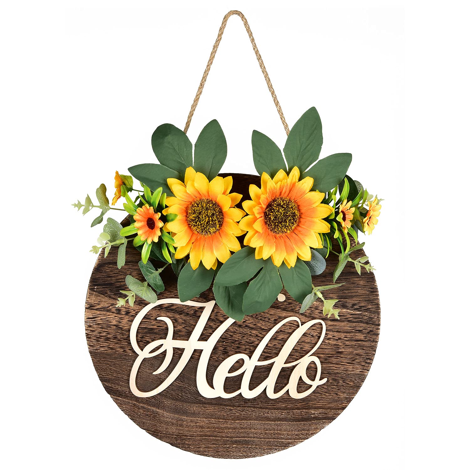 Lvydec Artificial Sunflowers Welcome Sign, Hanging Wodden Porch Sign with Faux Sunflower for Front Door Porch Wall Farmhouse Decor