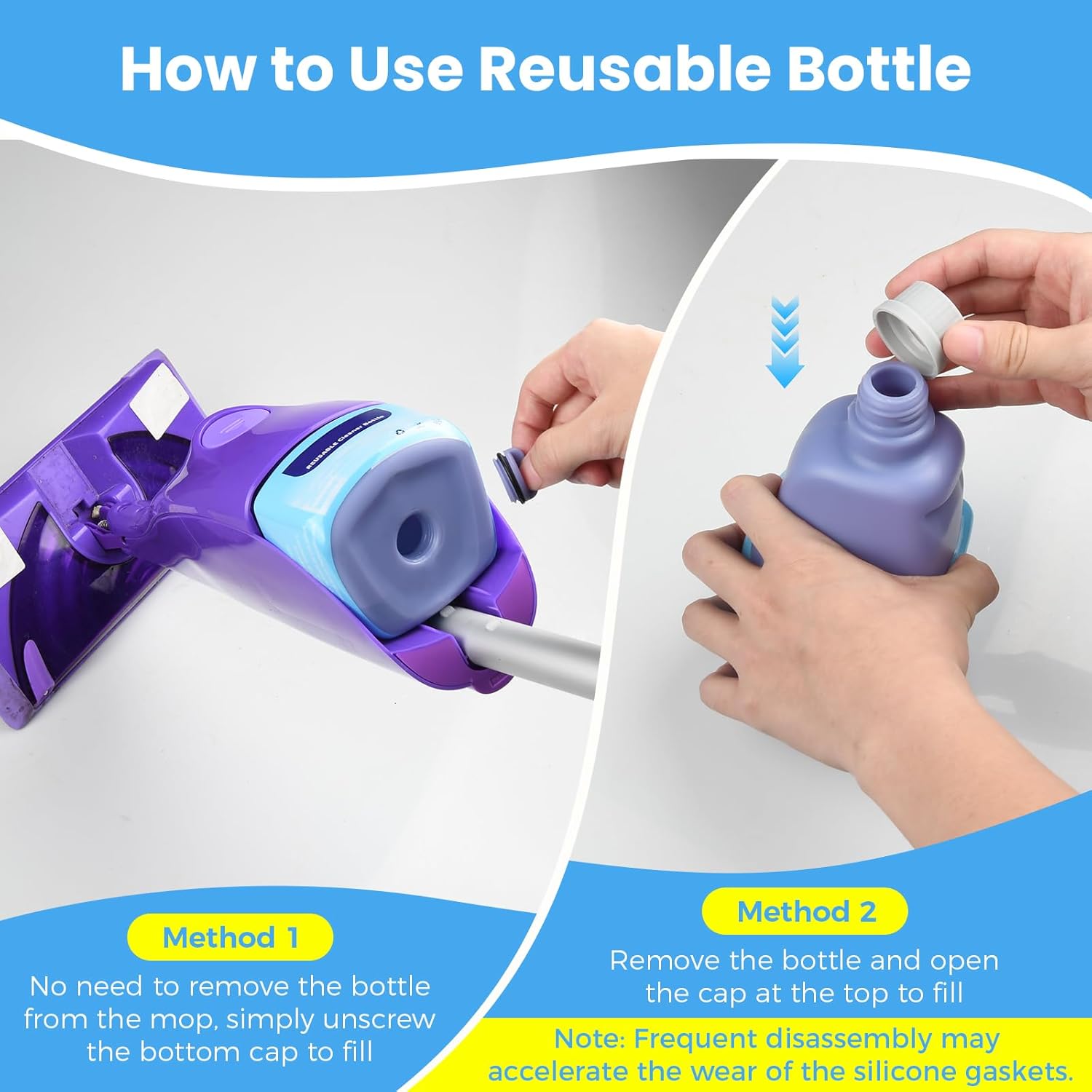 Refillable Bottle for Swiffer® Wet Jet™ Mop – 500ml /17 FL OZ, Leak-Proof HDPE Solution Refill Bottle with 18 Silicone Gaskets & 1 Funnel,Easy Install for Use with Any Cleaning Solution