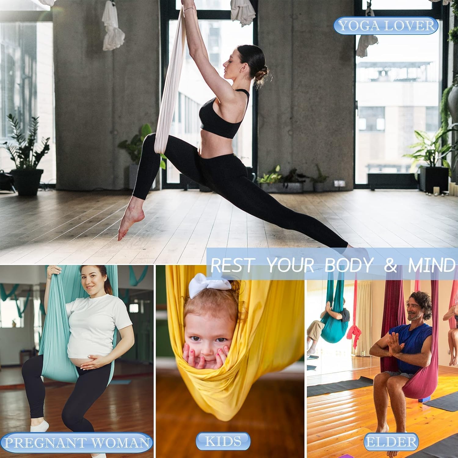 9 Yards Aerial Silks Yoga Swing Set - Aerial Yoga Hammock Kit Anti-Gravity Flying for Fitness, Low/Non Stretch Nylon Tricot Fabric Hardware Included for Dance