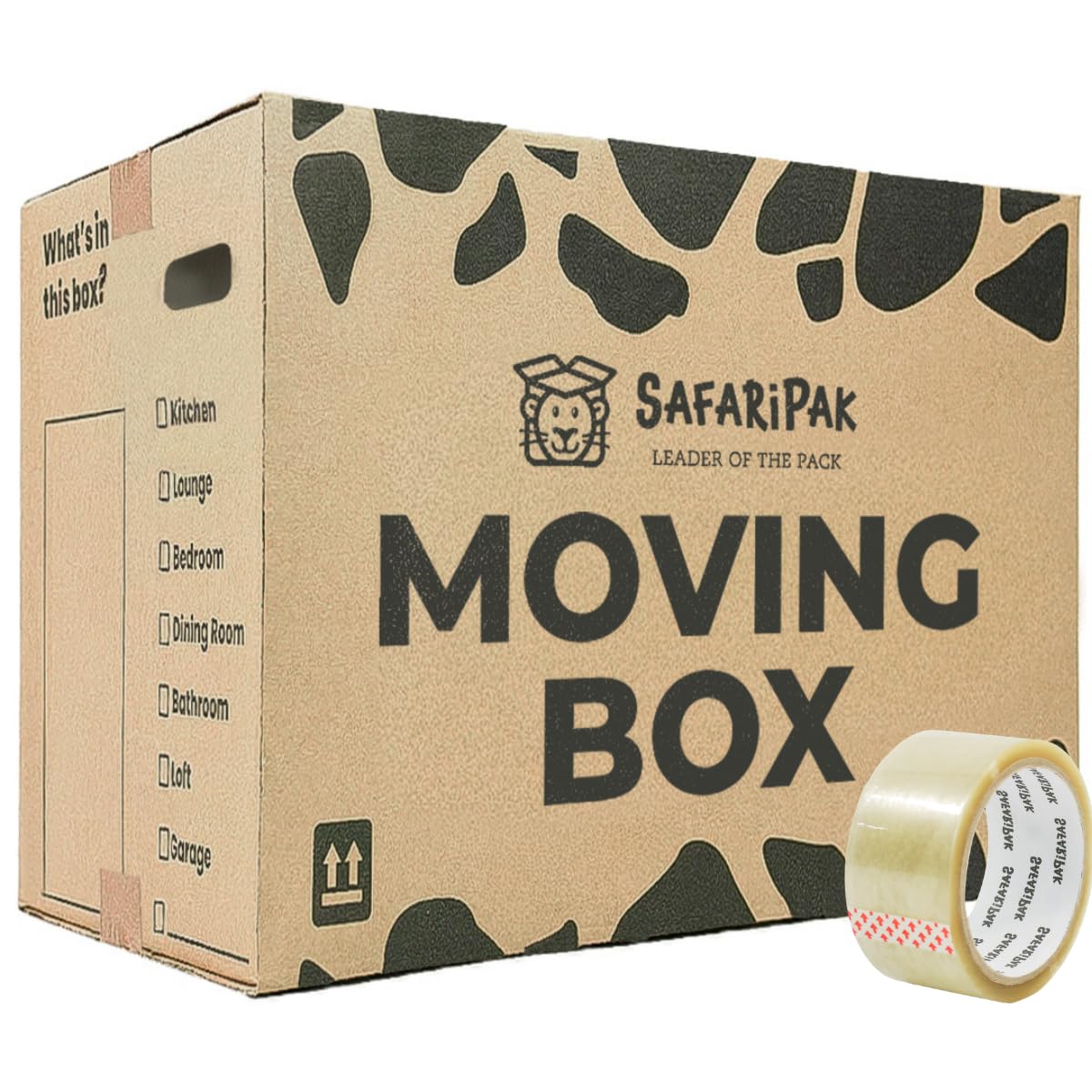 SAFARIPAK - 5 Pack Strong Large Reusable Cardboard Storage Packing Moving House Boxes 52cm x 30cm x 30cm with Carry Handles and Room List Checkboxes - 47 Litres Capacity - Inc. 66m Roll of Tape