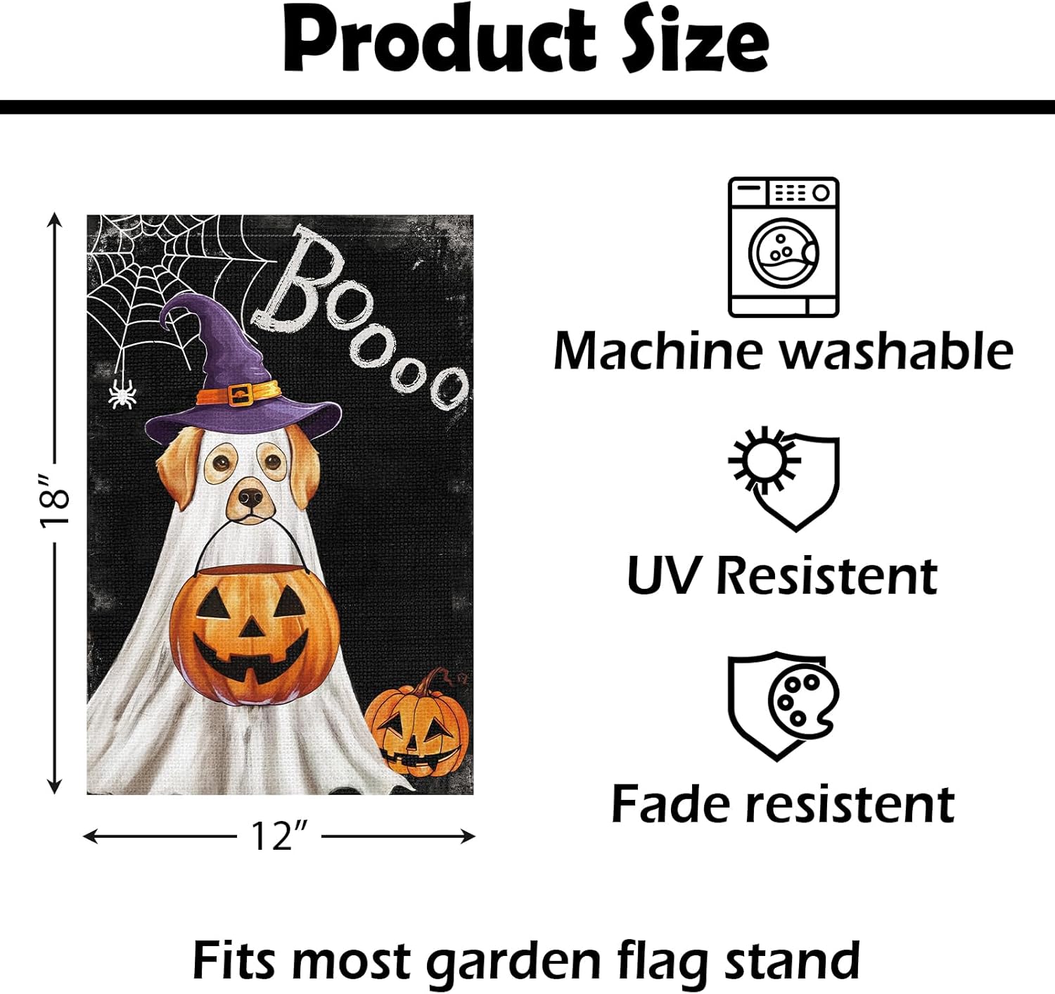 Heyfibro Halloween Boo Golden Retriever Garden Flag 12x18 Inch Double Sided Spooky Ghost Dog Garden Flags Burlap Decorative Small Halloween Yard Flags for Outside House Farmhouse Lawn Decoration - Image 5
