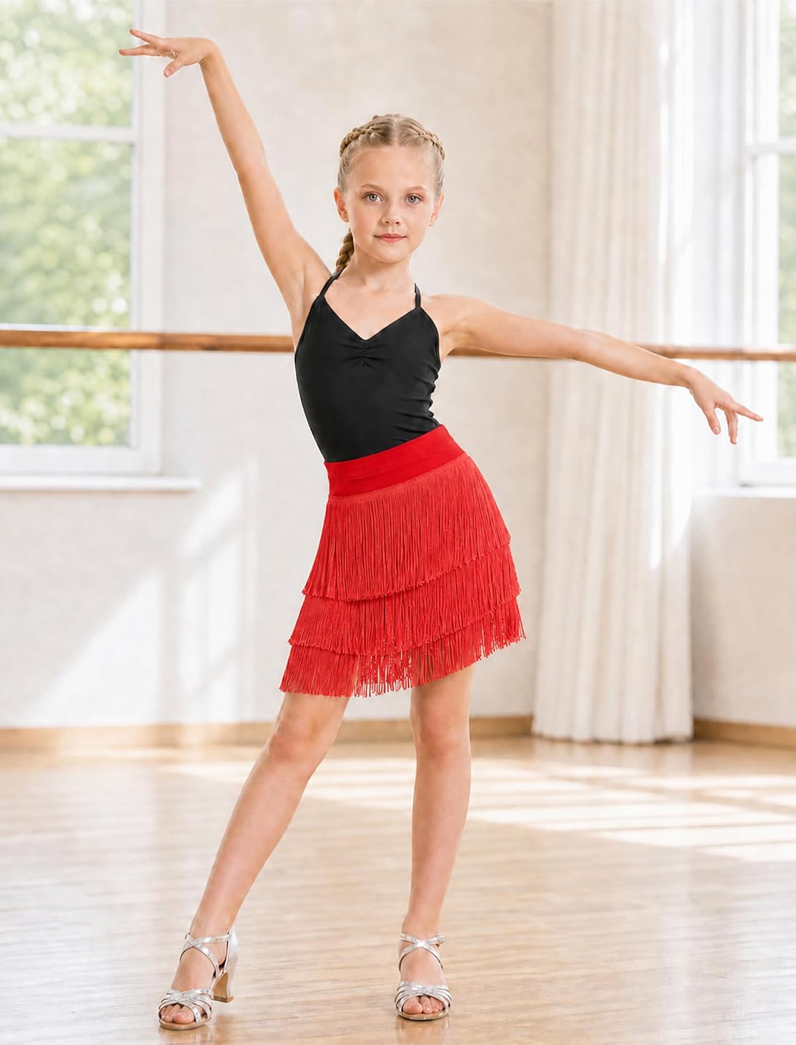 Wenlia Girls Latin Fringe Skirt with Built‑in Shorts Double‑Layer Tassel