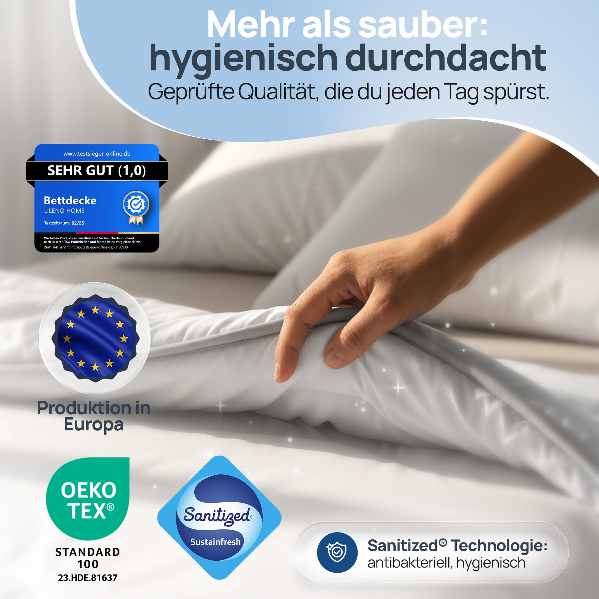 LILENO HOME 4 Jahreszeiten Bettdecke 155x220 | 2-in-1 Knopfsystem | Allergiker Decke 155x220 mit Sanitized Hygiene Funktion | Oeko-Tex Klasse 1 | 95 °C waschbar | Made in EU | Hotel Qualität