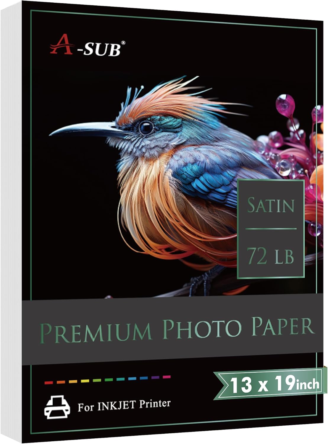 A-SUB Premium Photo Paper Satin 13x19 72lb for Inkjet Printers 50 Sheets, Single Sided