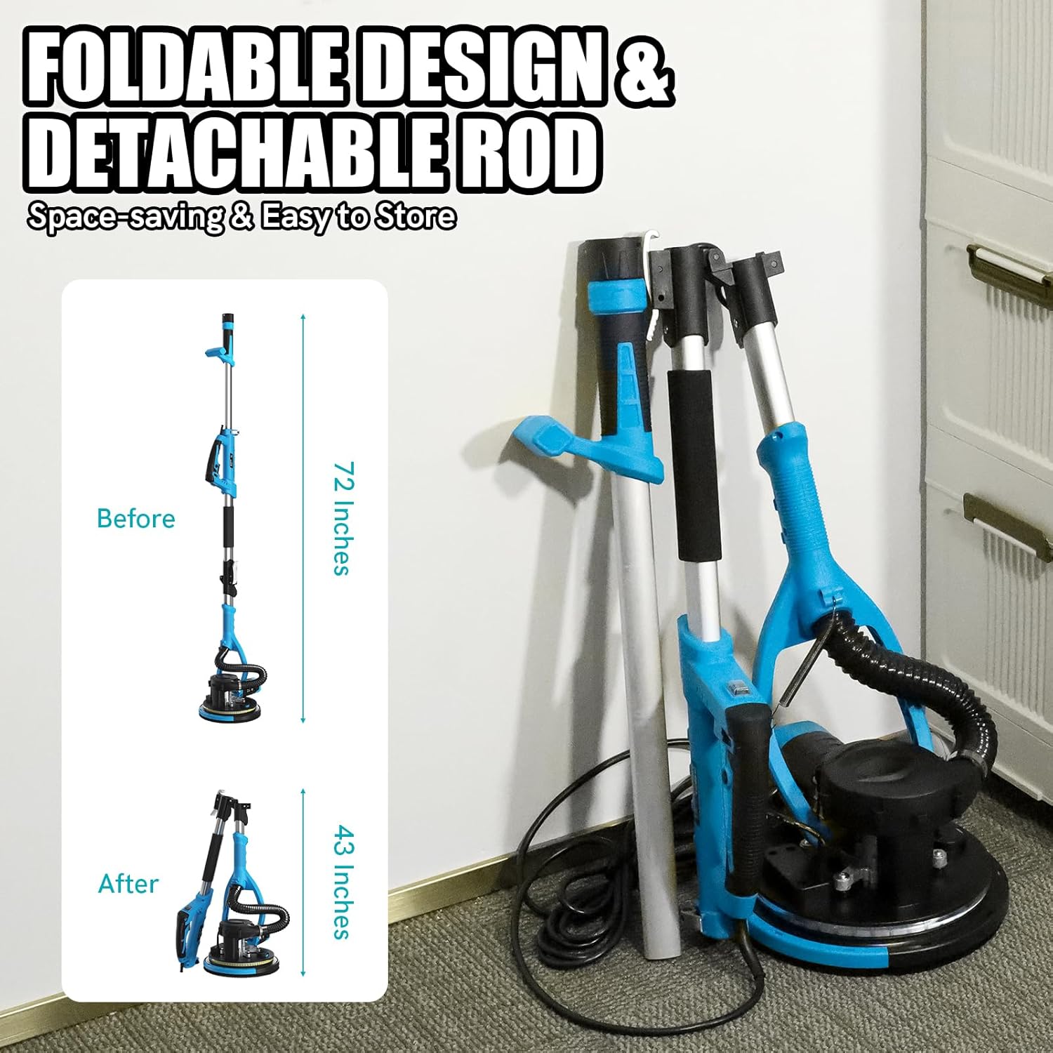 Drywall Sander with Vacuum Dust Collector, 880W Popcorn Ceiling Remover, Variable Speed 1000-2100RPM, LED Light, Foldable & Extendable Handle, 12 Sanding Discs