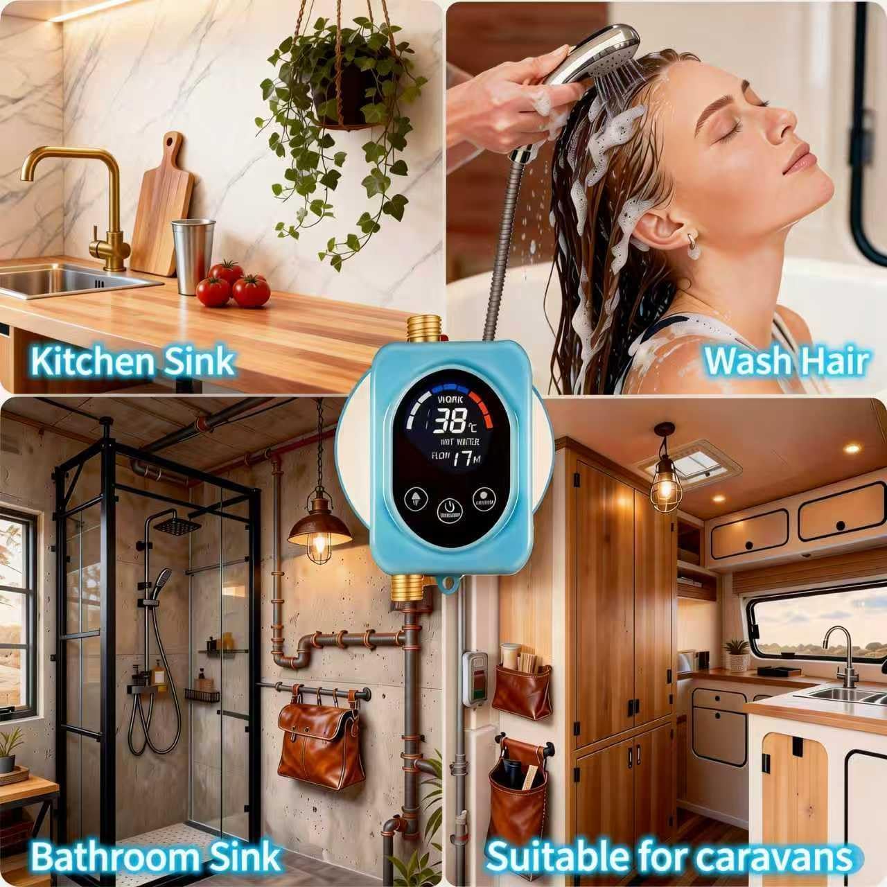 Tankless Electric Water Heater 110V-3000W Electric Heatless Water Heater,Under Sink Water Heater with Digital Display for Kitchen Bathroom Washin（110V Blue）