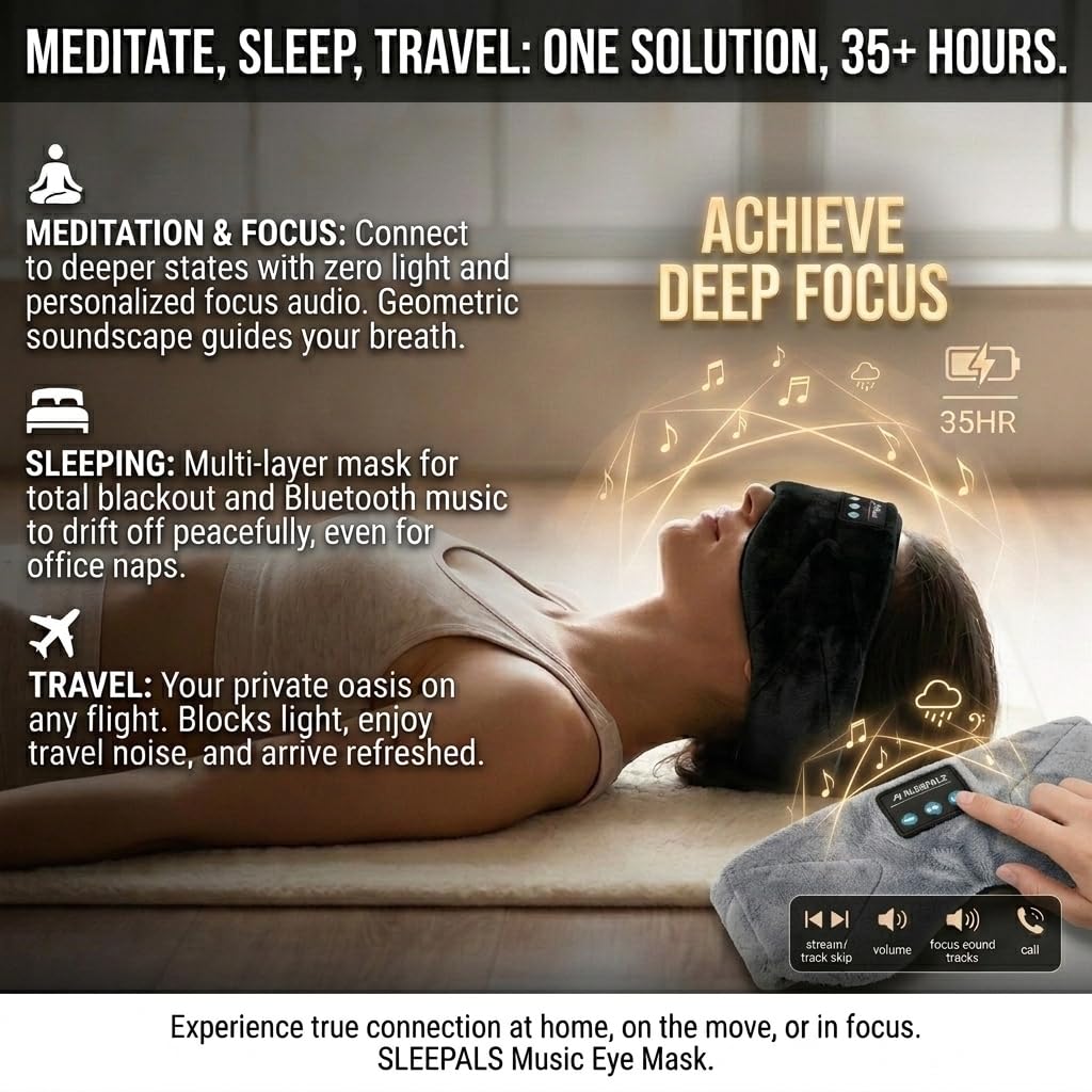 Sleepals - Antifaz para dormir con auriculares con ruido blanco, batería de 35 horas de duración, altavoces integrados para dormir de lado, bloqueo de luz 100%, transmisión inalámbrica de música